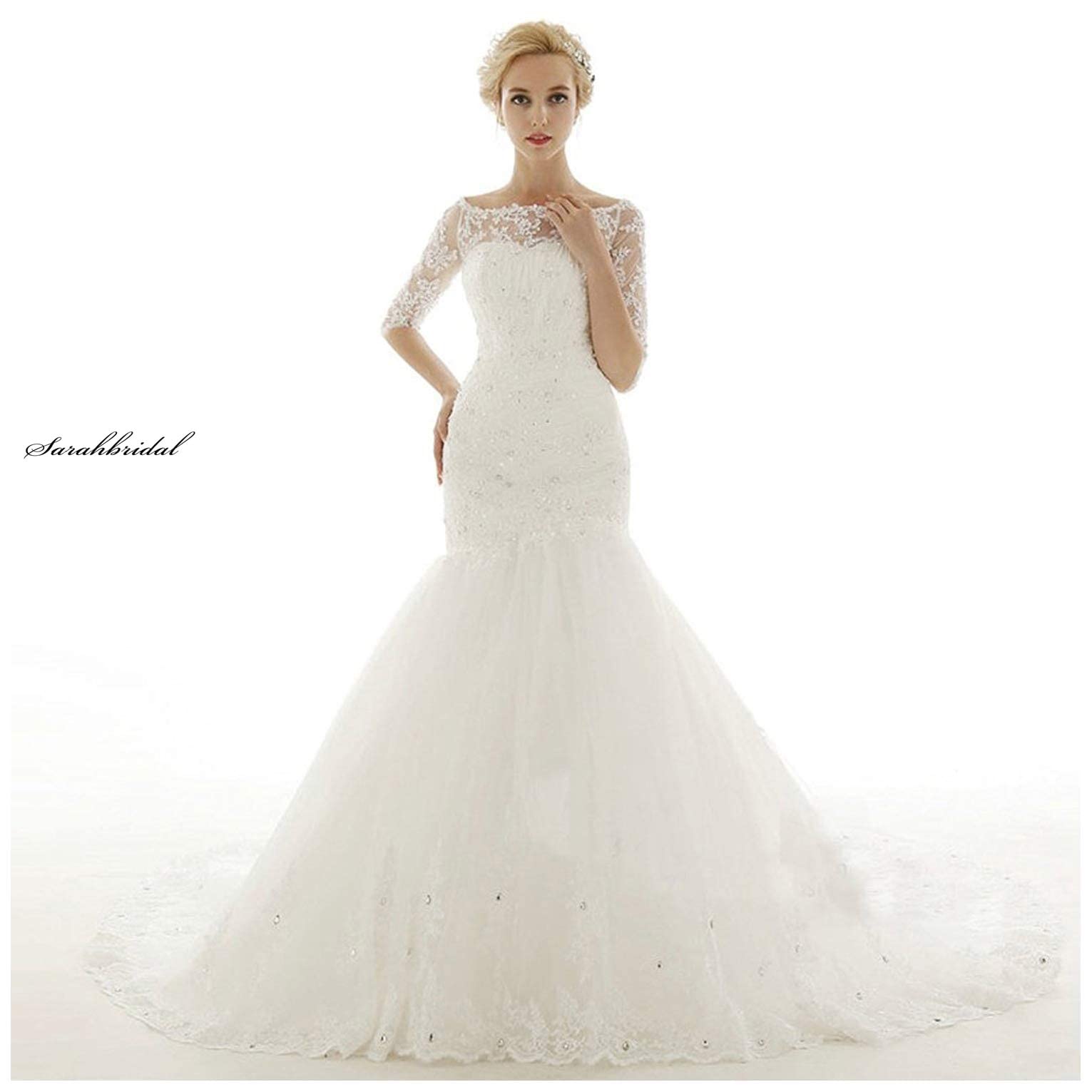 Sarahbridal Women's Mermaid Lace Tulle Beaded Wedding Dress with Long Chapel Train - Elegant Bridal Gown for Beach, Church & Formal Weddings