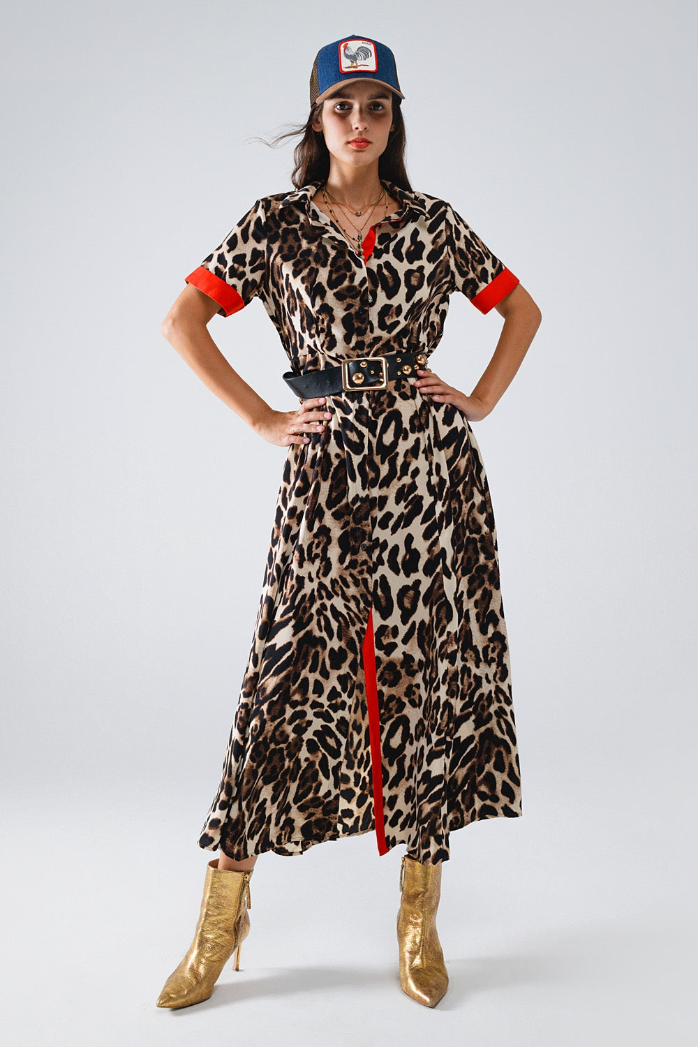 Leopard Print Long Button-Down Robe with Red Accents - Elegant Loungewear for Women, Perfect for Spa Days, Relaxing at Home, or Bridal Party Gifts