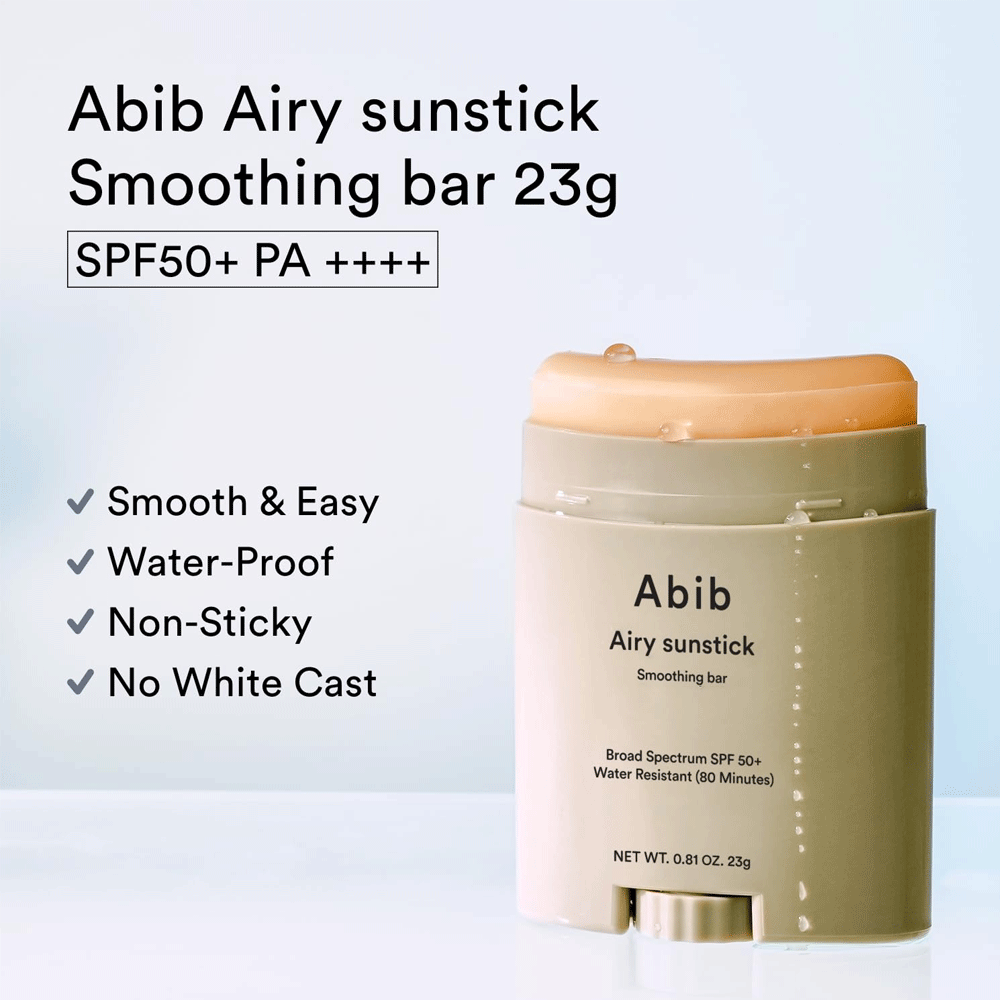 Abib Airy Sunstick SPF 50+ Smoothing Bar 23g - Lightweight Sun Protection for Face & Body, Perfect for Outdoor Activities, Travel & Daily Use
