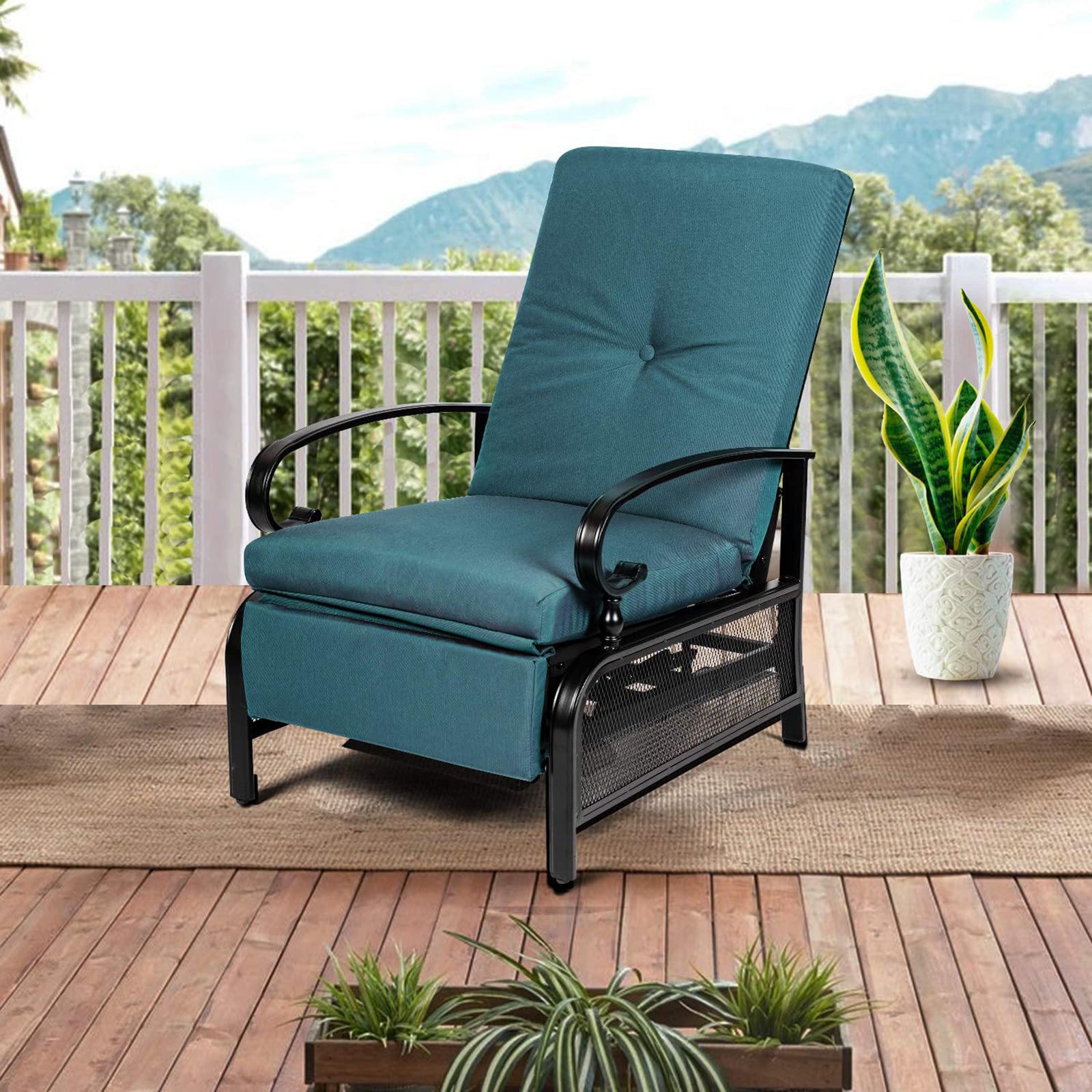 Crownland Outdoor Patio Furniture Set - Adjustable Reclining Lounge Chairs with Peacock Blue Removable Cushions, Black Metal Recliners for Backyard, Poolside & Garden Relaxation