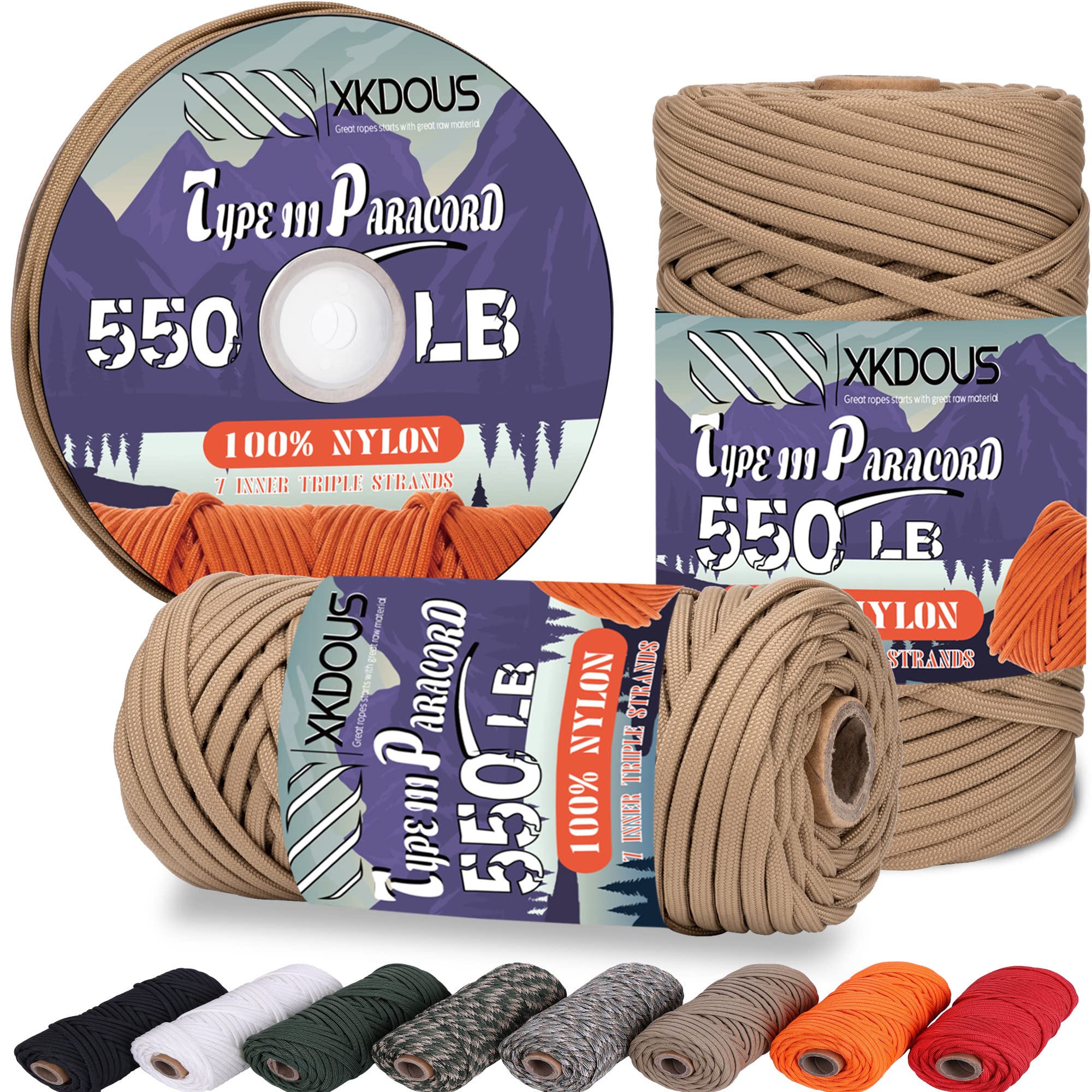 XKDOUS 550 Paracord 120ft - 7-Strand Nylon Tactical Rope for Survival, Camping & Hiking Gear