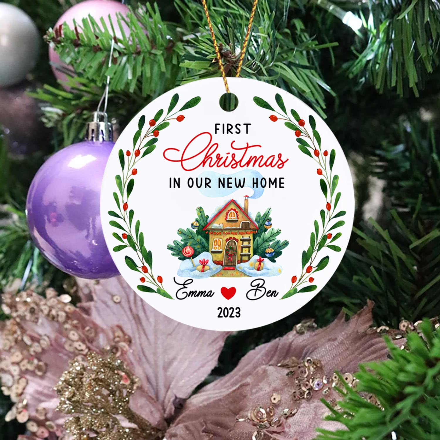 Personalized 2025 First Christmas in Our New Home Keepsake Ornament - Snowy House Christmas Tree Decoration for Newlywed Couples - New Home Gift for Housewarming & Christmas Celebrations