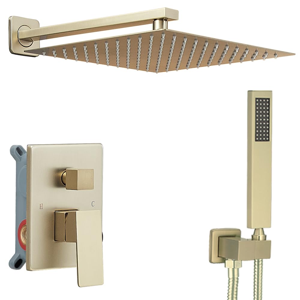Luxury Brushed Gold Shower System - 12 Inch Rainfall Shower Head with Handheld Combo, High Pressure Wall Mounted Shower Faucet Set with Valve & Trim | Perfect for Modern Bathrooms & Spa-Like Experience