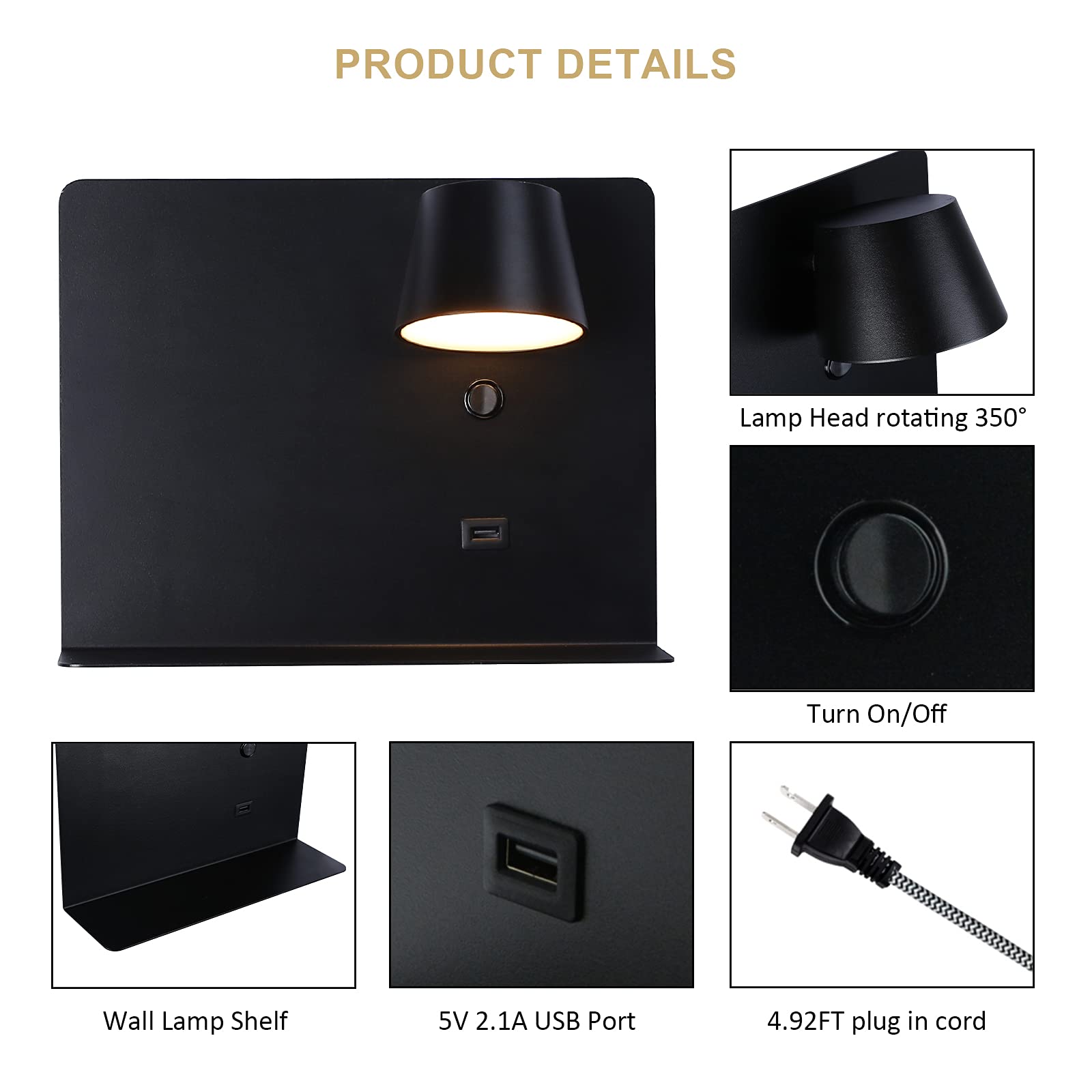 USB Wall Sconce with Shelf - LED Reading Light for Bedroom & Living Room - Black 11