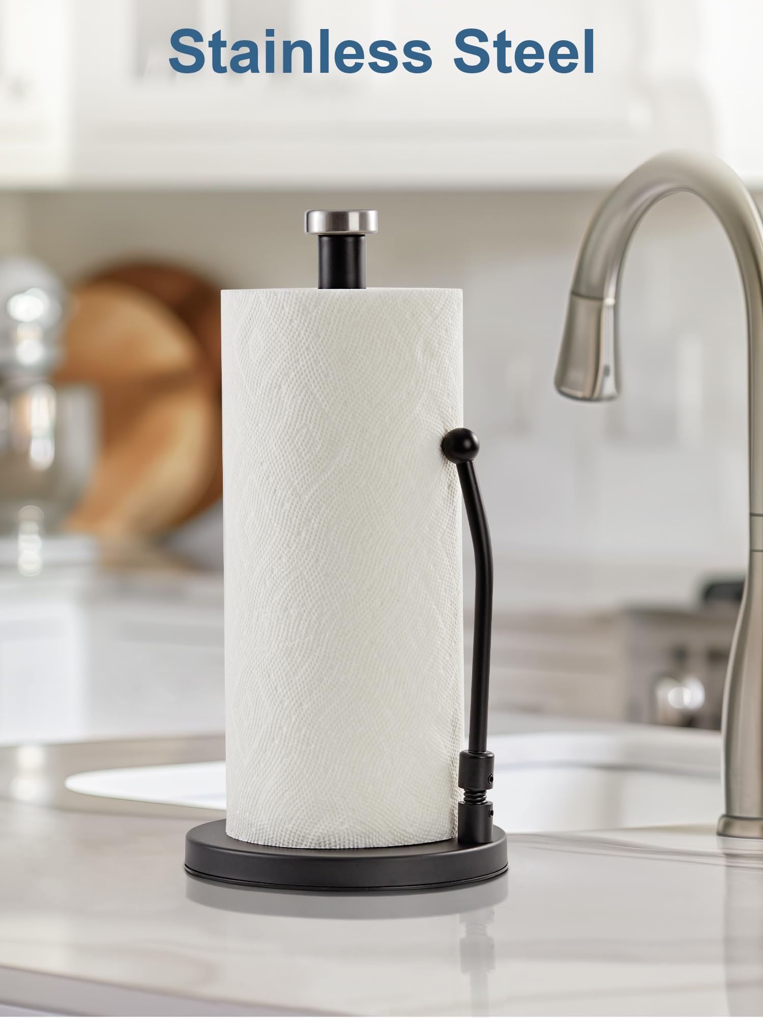 SMARTAKE Stainless Steel Paper Towel Holder with Weighted Non-Slip Base - Spring Arm Fits Most Paper Roll Sizes - Perfect for Kitchen Countertop, Dining Table & Office Break Room (Black)