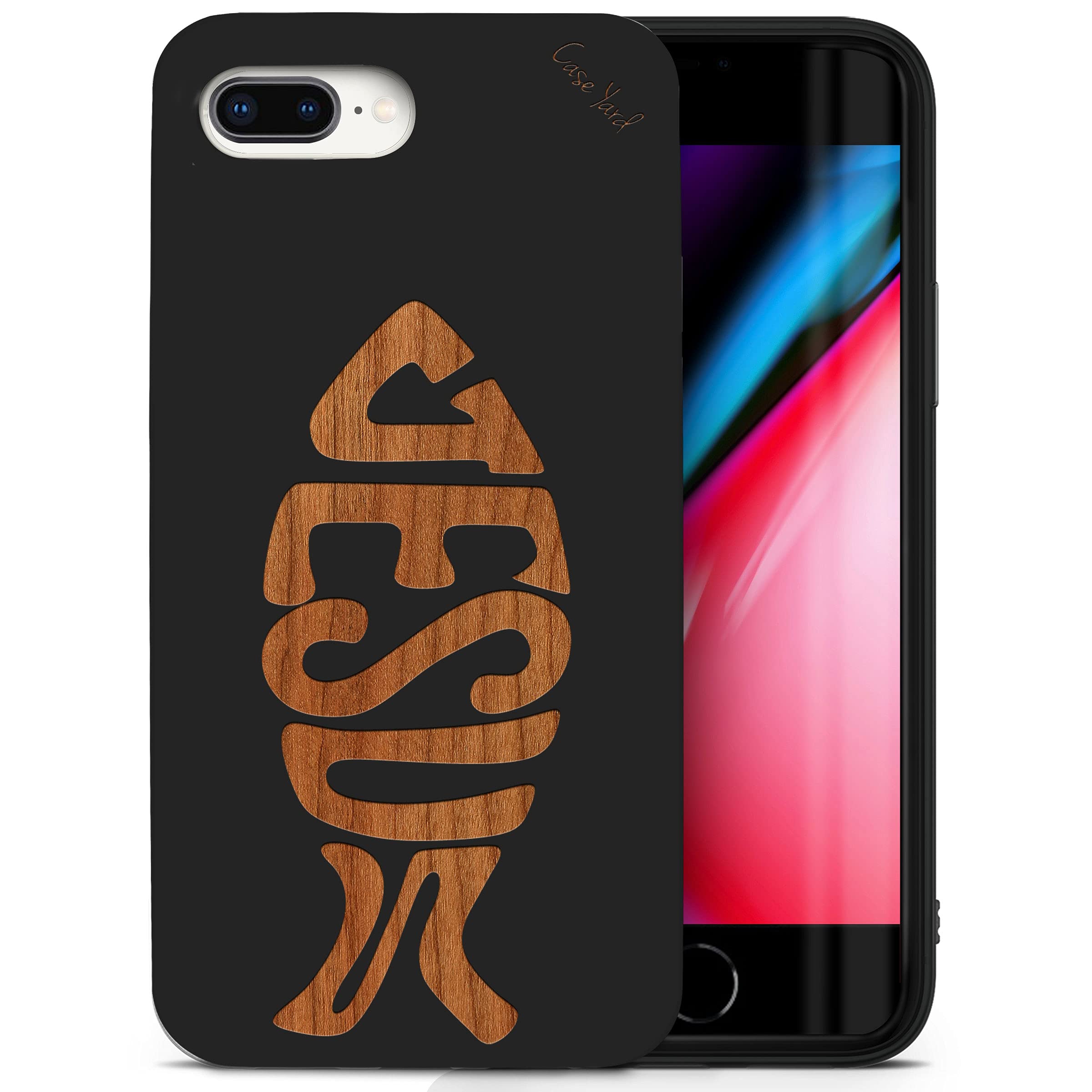 Wooden iPhone 8 Plus Case with Laser Engraved Jesus Fish Design - Shockproof Slim Fit Protective Cover for Men & Women - Perfect for Daily Use, Travel & Outdoor Activities