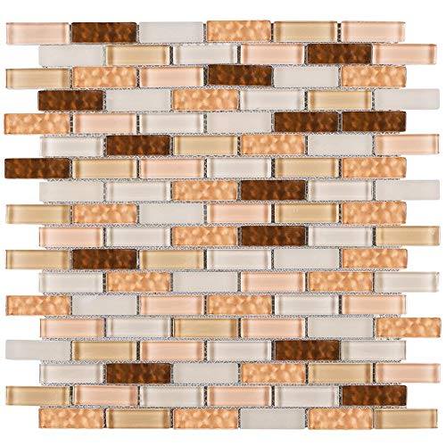 Mini Brick Mix Glass Mosaic Tiles - 10 Sheets/Case (Beige & Caramel) - Waterproof Peel & Stick Backsplash for Bathroom, Kitchen, Shower, Fireplace - DIY Home Decor & Wall Accent