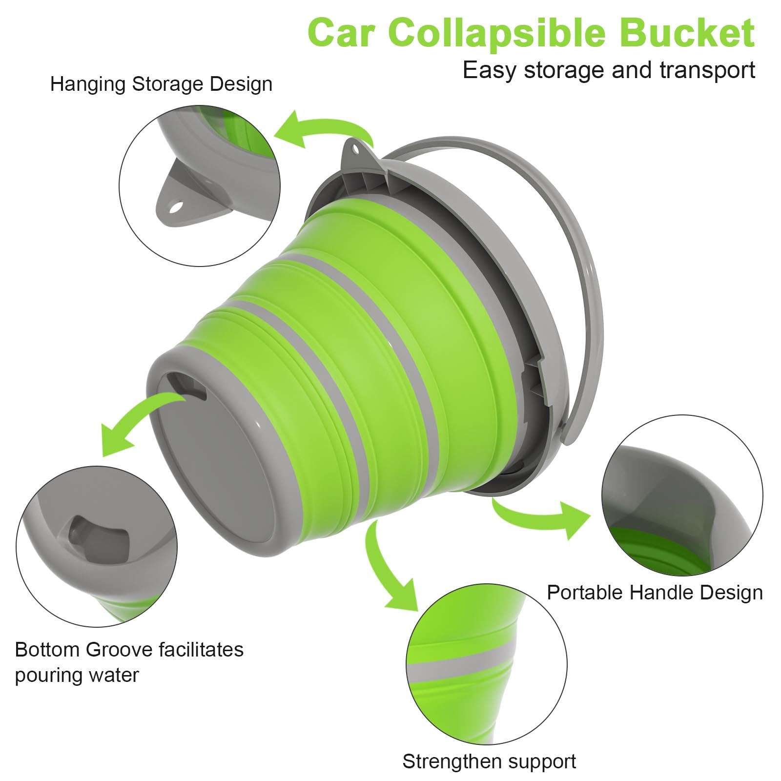 Collapsible 10L (2.6 Gallon) Car Wash Bucket with Microfiber Mitt - Portable Water Bucket with Handle for Auto Detailing, Household Cleaning & Outdoor Use - Green - Perfect for Car Washing, Camping & Home Cleaning Tasks