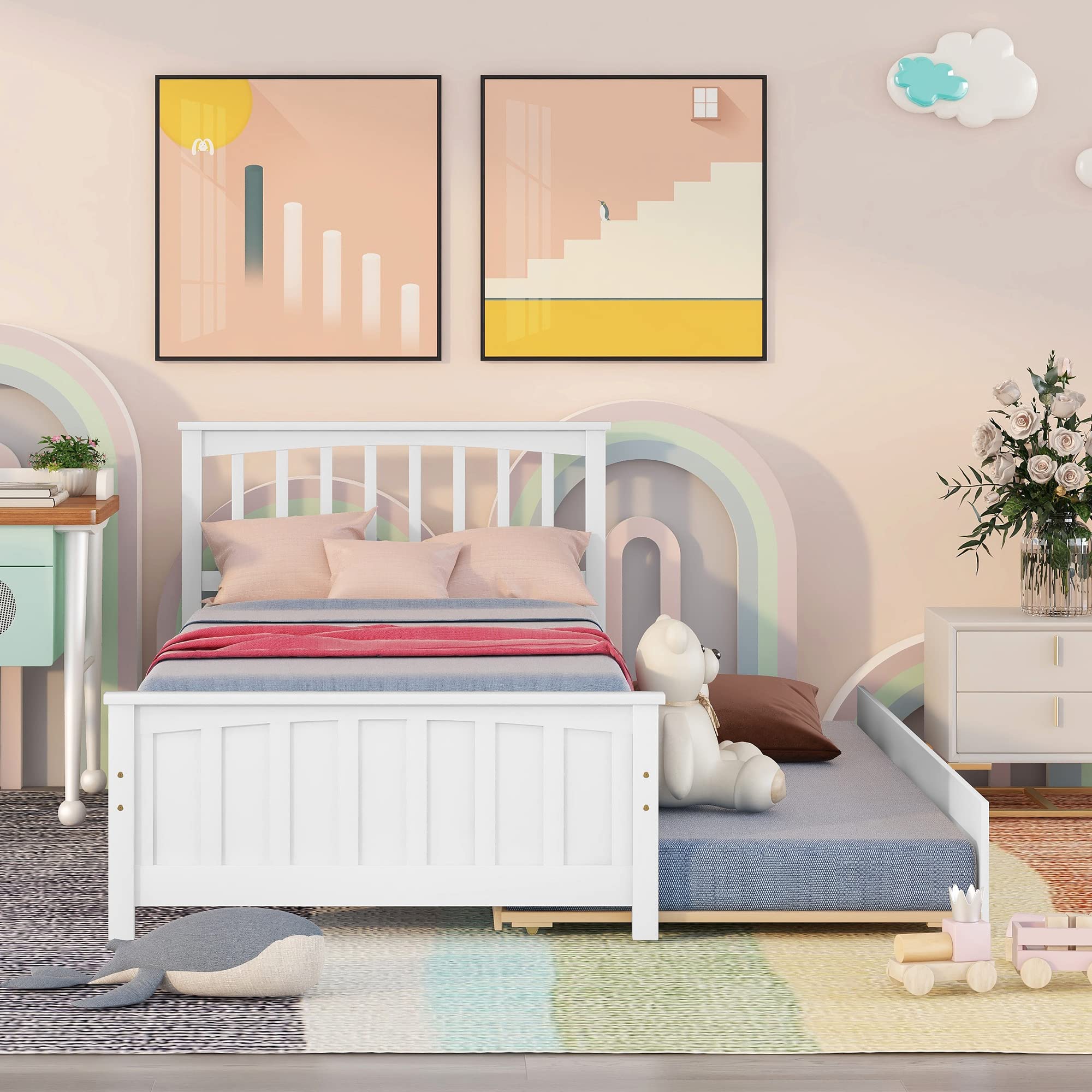 Harper & Bright Designs Twin Size Wood Platform Bed with Headboard & Trundle - Kids Bed Frame with Slat Support, No Box Spring Needed (White) - Perfect for Small Spaces, Guest Rooms & Children's Bedrooms