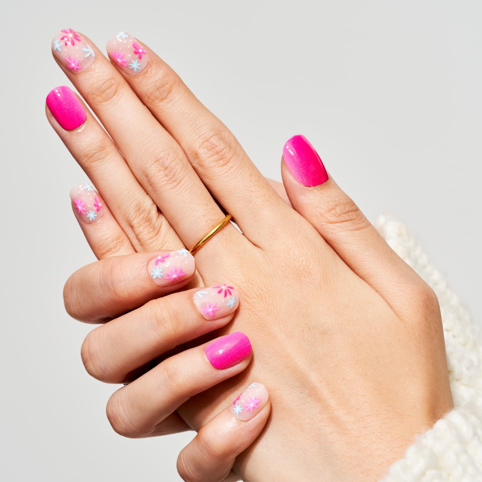 GLAMERMAID 24Pcs Press on Nails Extra Short Squoval - Spring Summer Hot Pink Flower Gel Fake Nails with Glossy UV Finish | Reusable Acrylic False Nails Manicure Kit for Women | Perfect for Parties, Weddings & Everyday Wear