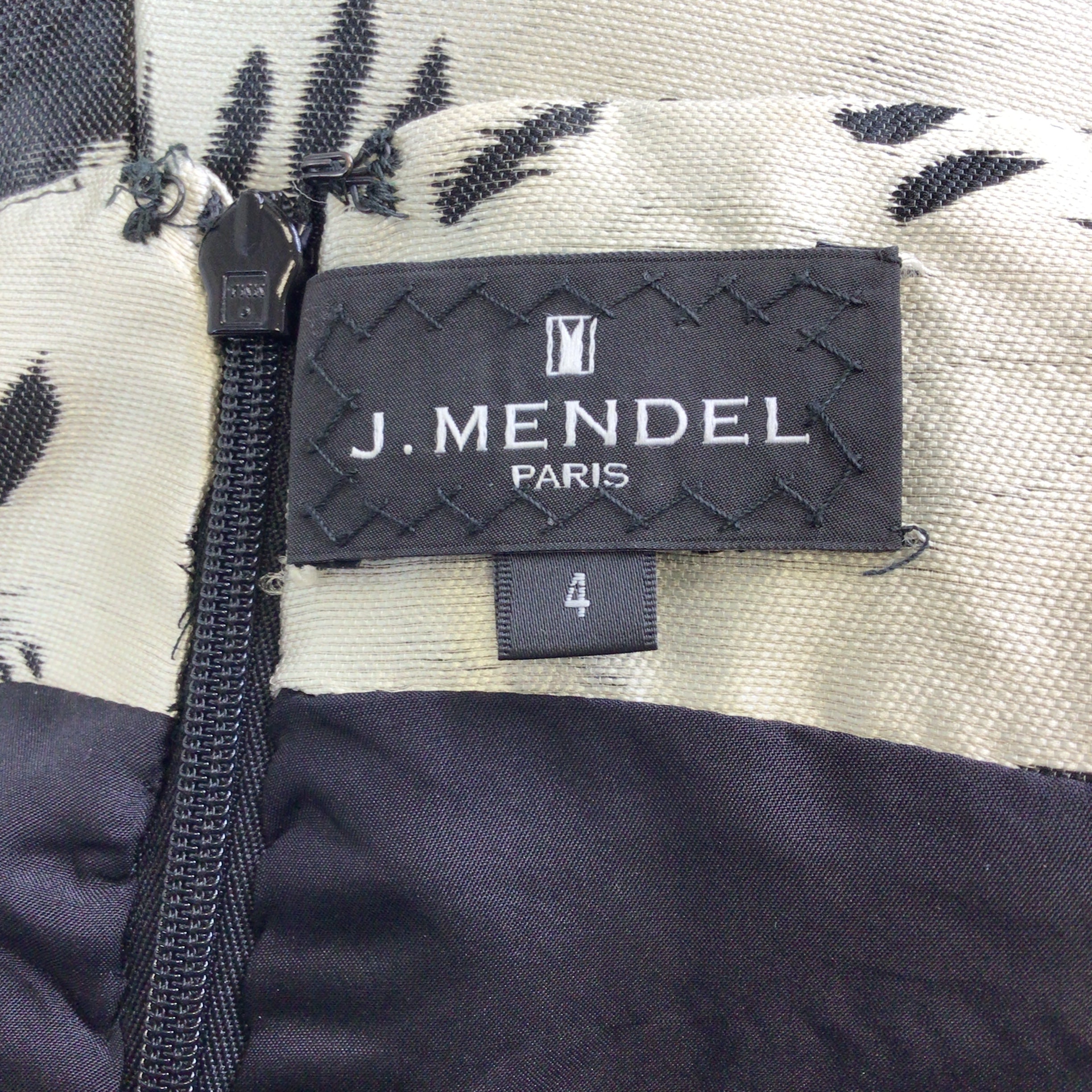J. Mendel Champagne & Black Lambskin Leather Trim Off-Shoulder Jacquard Dress for Evening Gala & Special Occasions