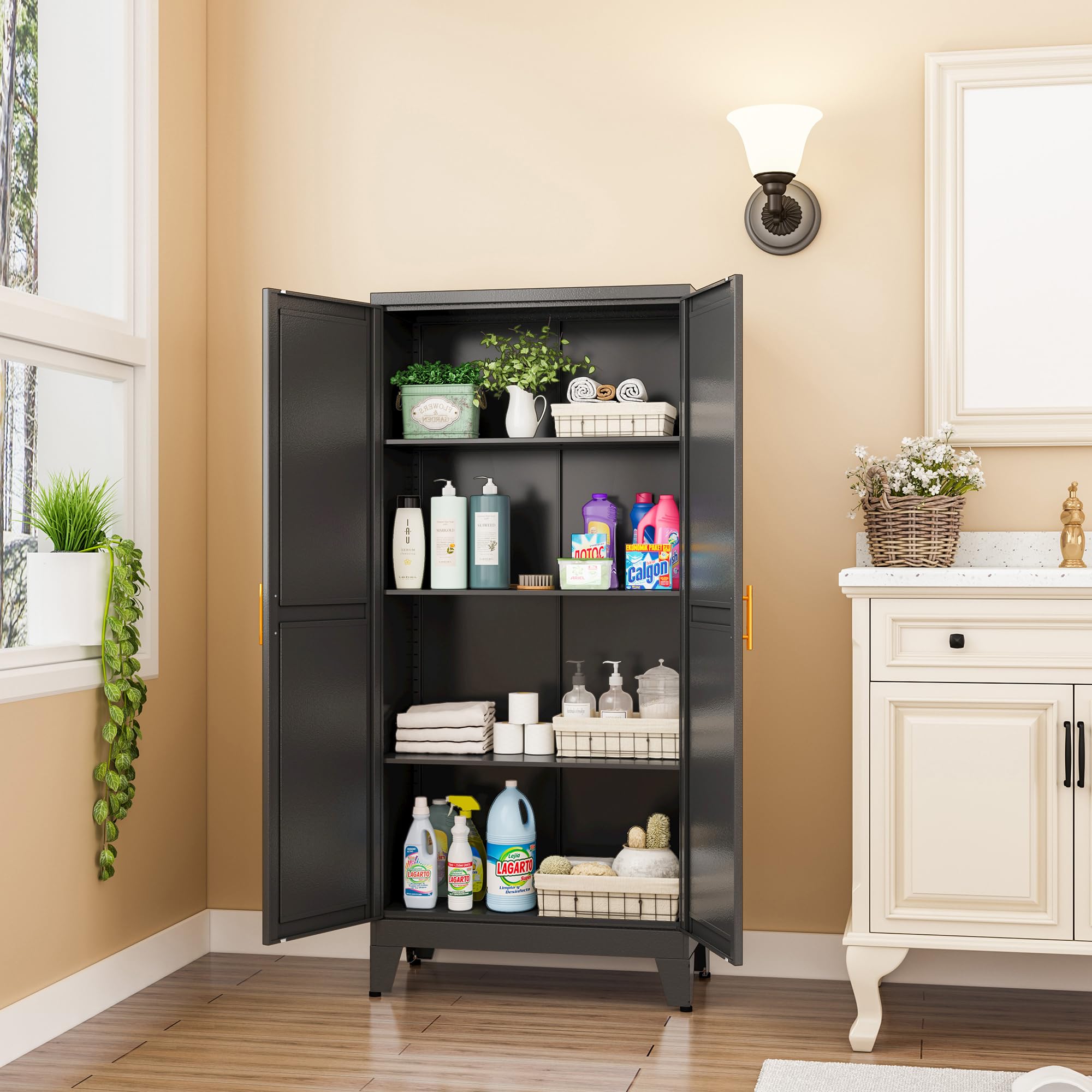 Stainless Steel Pantry Storage Cabinet with Adjustable Shelves & Feet - Heavy Duty Kitchen Organizer for Food, Spices & Supplies - Perfect for Pantry, Laundry Room, Dining Area & Home Office Storage