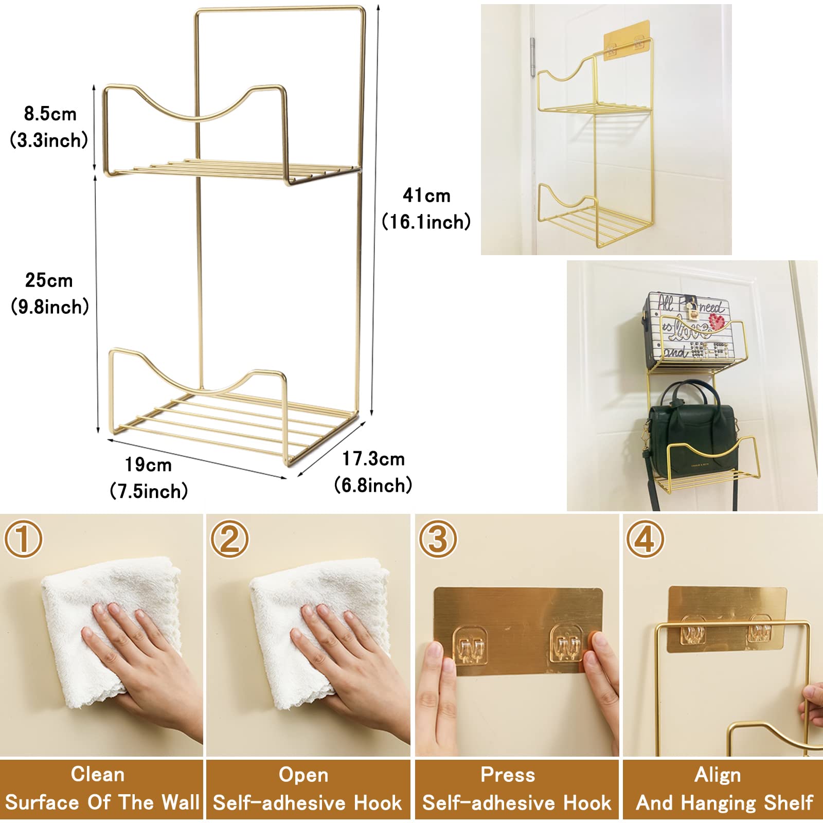 Hanging Handbag Organizer for Closet - Wall Mount Purse Storage Holder with 2 Shelves | Space Saving Metal Handbag Display Shelf | Gold Finish | Perfect for Bedroom, Walk-in Closet, and Dorm Organization