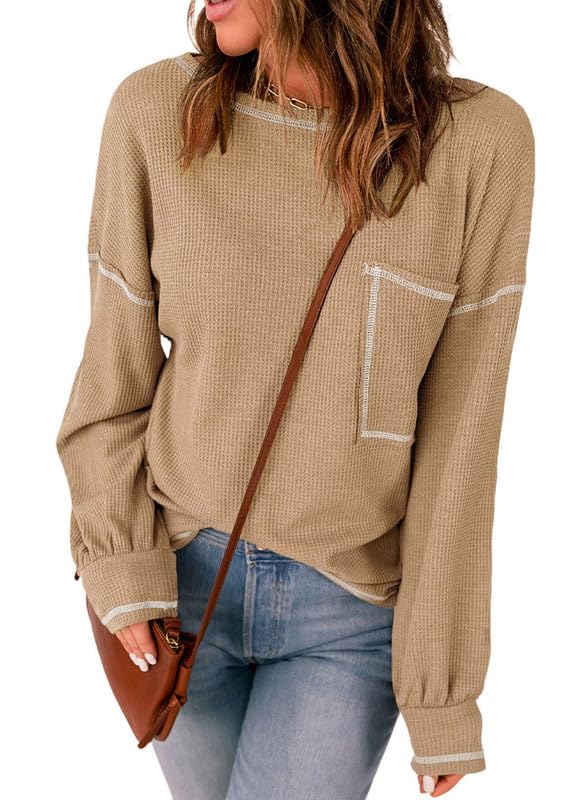 SHEWIN Women's Fall Long Sleeve Waffle Knit Crewneck Sweater Blouse - Casual Dressy Tunic Top for Autumn Outfits, Office Wear & Date Nights