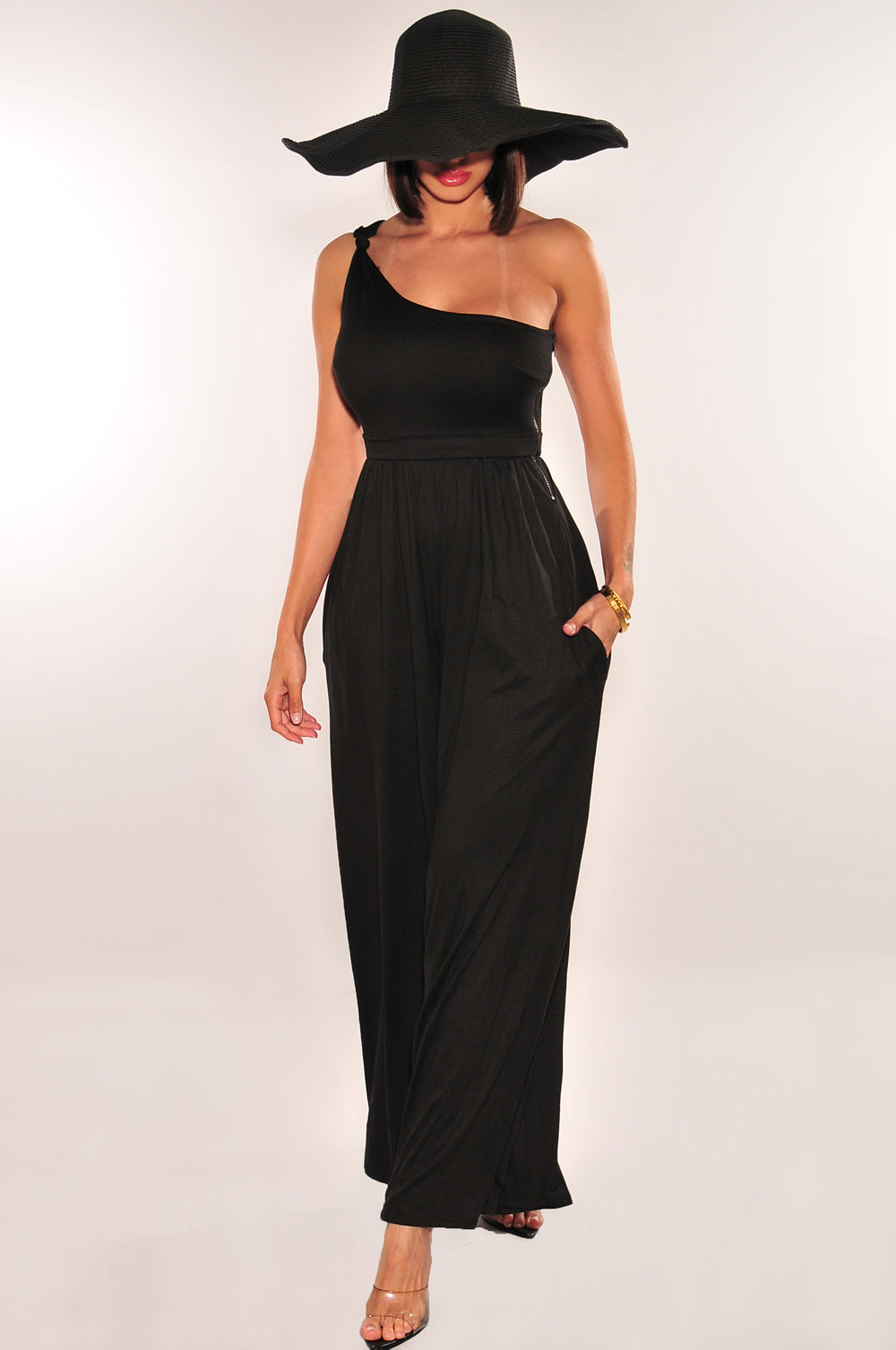 Elegant Black One Shoulder Sleeveless Palazzo Jumpsuit for Women - Perfect for Evening Parties, Weddings & Special Occasions