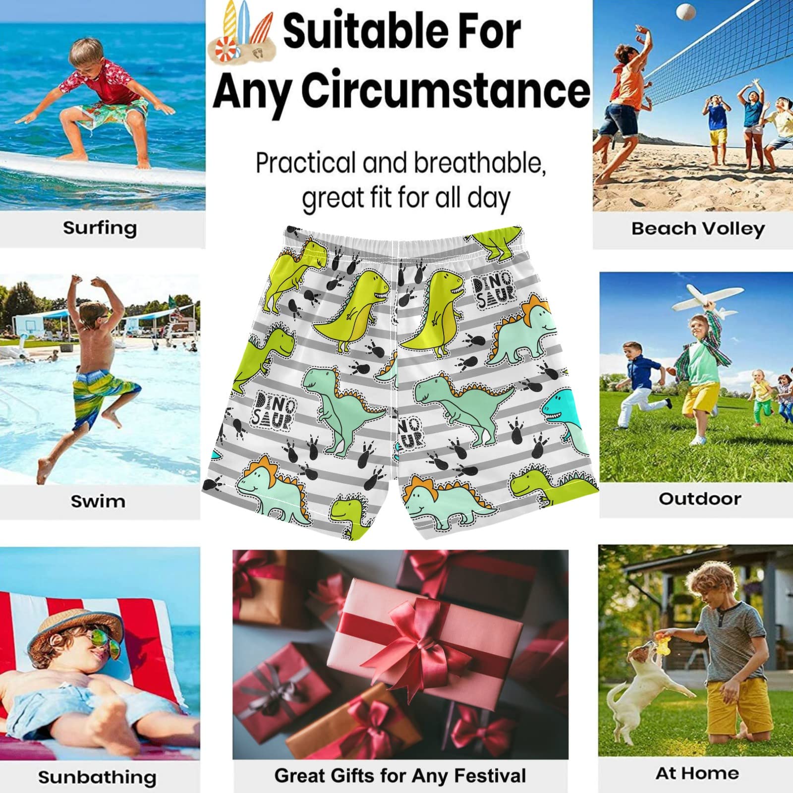 **Visesunny Boys' Dino & Footprint Grey Stripe Swim Trunks - Toddler Bathing Suits for Kids, Baby Boy Swimsuit - Perfect for Pool, Beach & Summer Water Play**