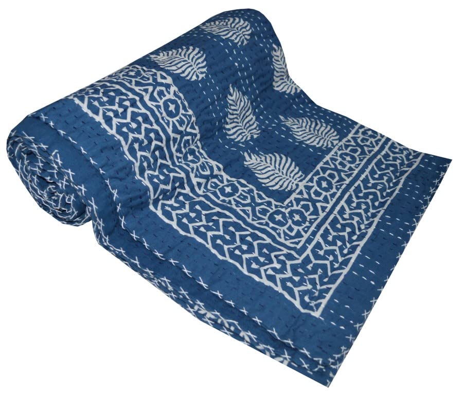 Handmade Indian Block Print Kantha Quilt - Queen Size 90x108 Inch Blue Cotton Throw Blanket & Bedspread for Cozy Home Decor, Boho Bedroom, and Gift Giving