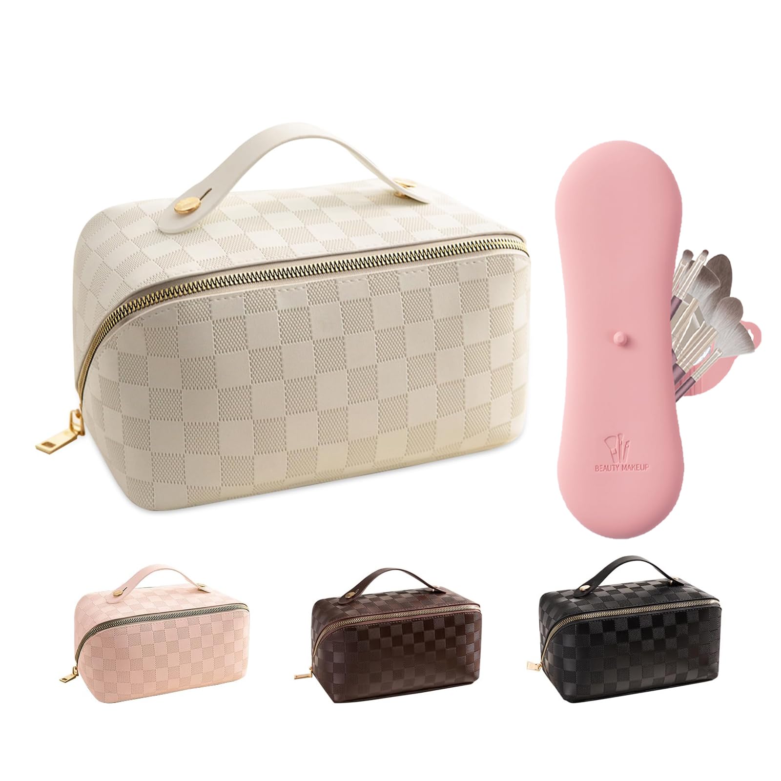 Large Waterproof Travel Makeup Bag with Silicone Brush Holder - White Cosmetic Organizer & Pink Makeup Case Set - Portable Toiletry Essentials for Women | Perfect for Vacation, Gym, and Daily Beauty Routine