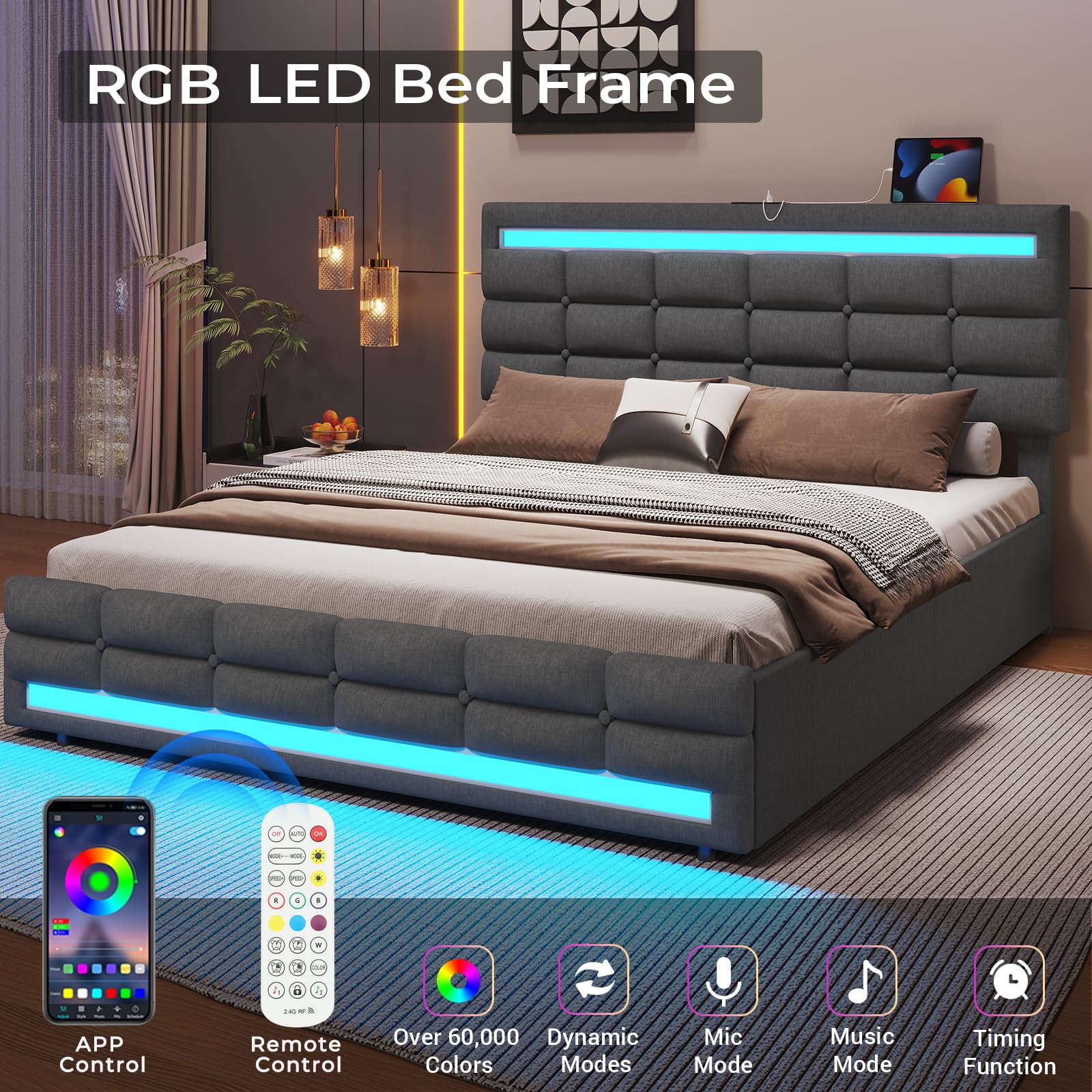ADORNEVE Queen LED Bed Frame with 4 Storage Drawers & 2 USB Ports - Upholstered Platform Bed with Illuminated Headboard & Footboard, No Box Spring Required, Dark Grey - Perfect for Modern Bedrooms, Guest Rooms & Smart Home Setups