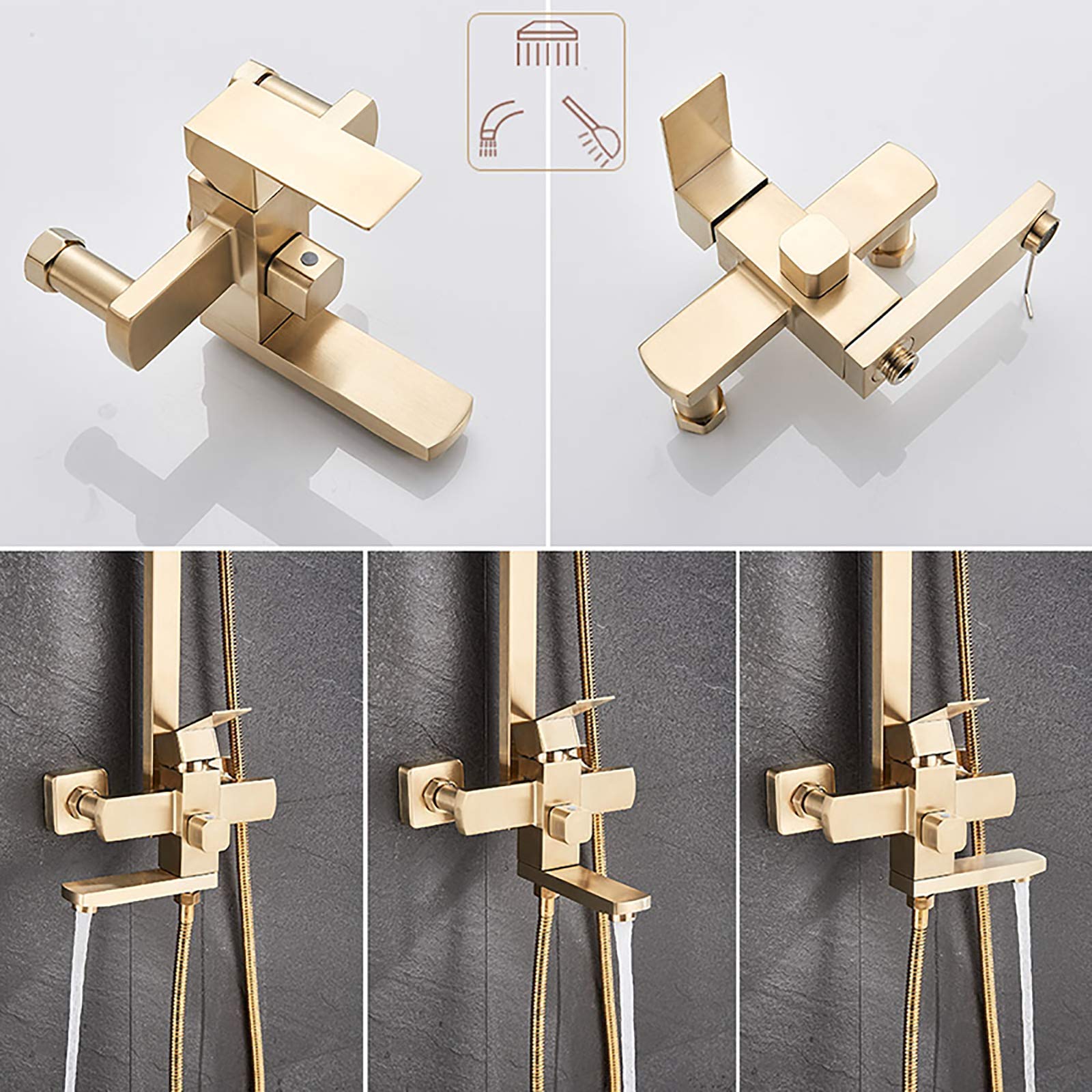 Brushed Gold Rain Mixer Shower Combo Set - Wall Mounted Exposed Bathroom Shower Faucet with 8 Inch Rainfall Shower Head, Handheld Shower & Swivel Tub Spout - Perfect for Modern Bathroom & Spa Experience