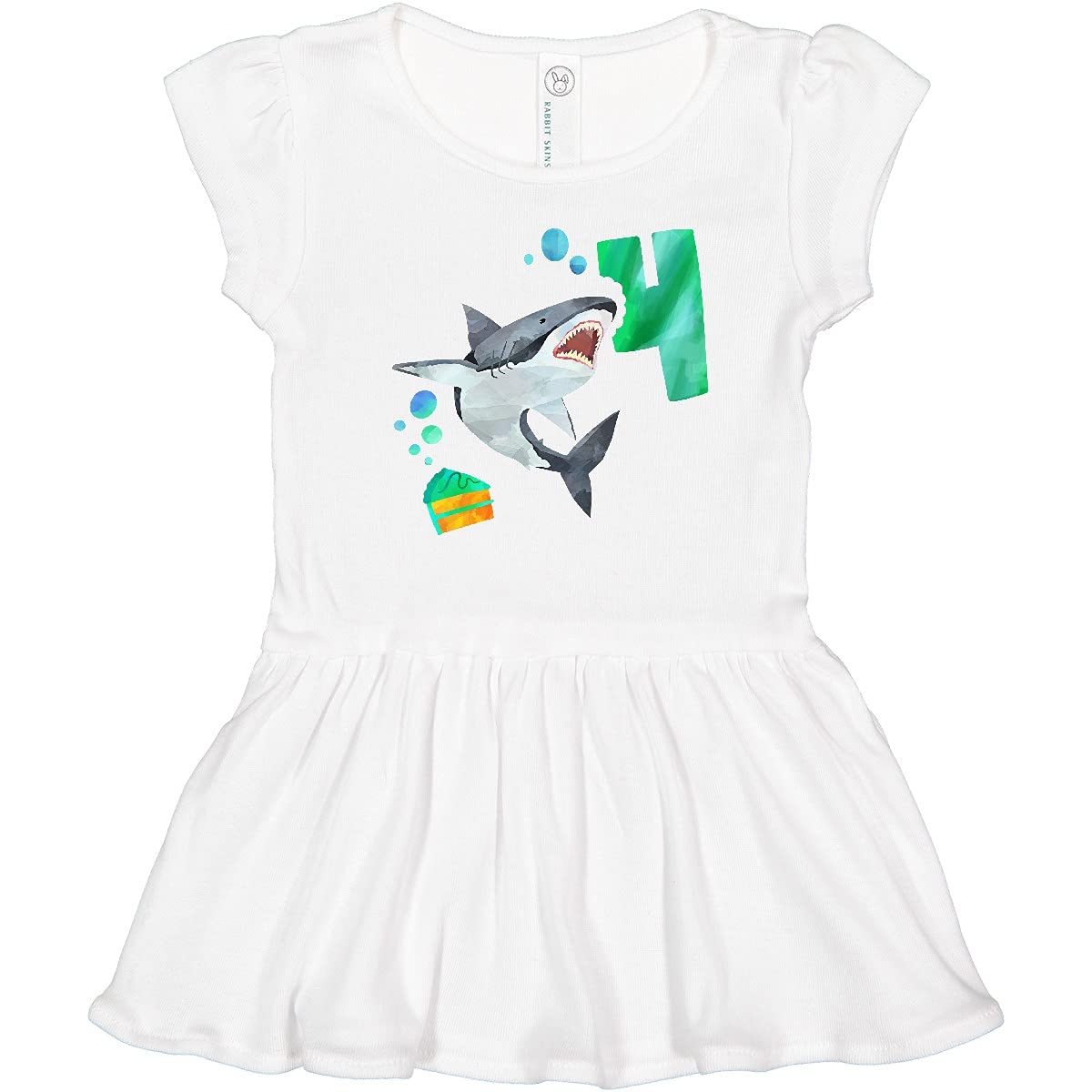 Inktastic Fourth Birthday Shark with Cake Toddler Dress - Cute Girls' Outfit for Birthday Party, Photo Shoot & Special Occasions