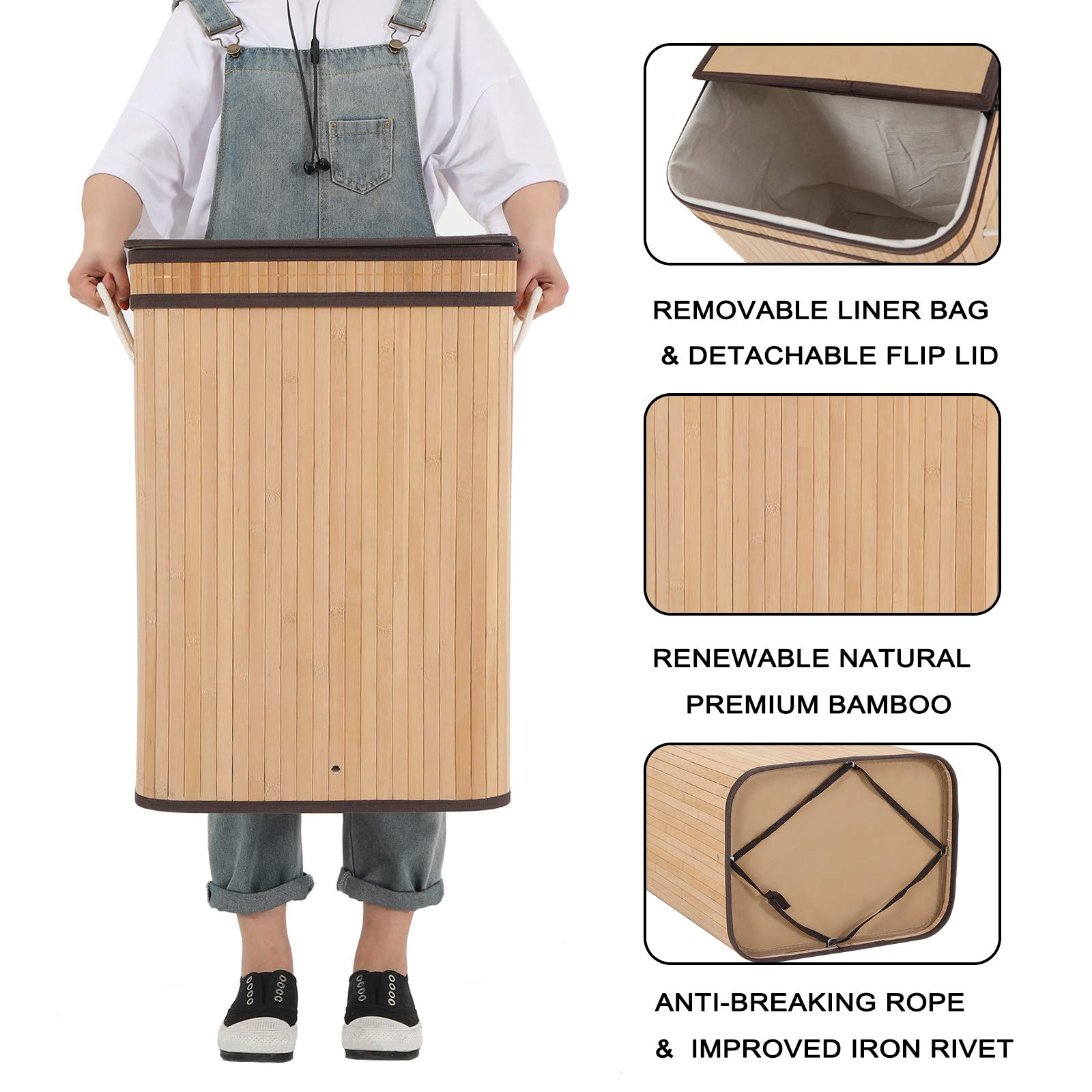 Sophia & William 72L Bamboo Laundry Hamper with Lid & Removable Liner - Collapsible Clothes Storage Basket with Handles for Bedroom, Bathroom & Laundry Room - Natural Bamboo Dirty Clothes Organizer for Home & Dorm Use
