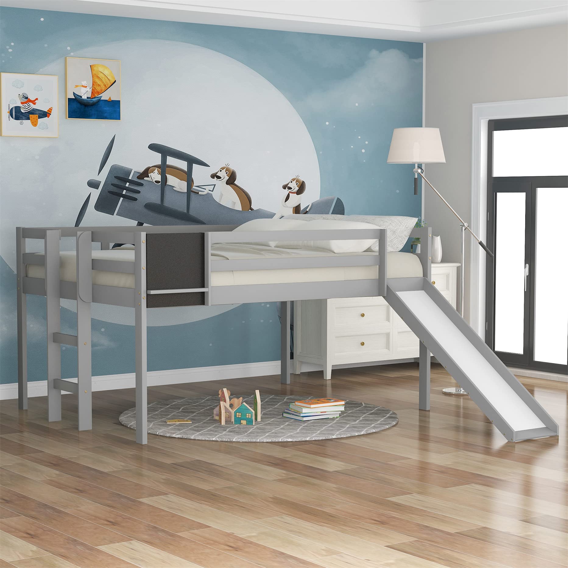 Harper & Bright Designs Full Loft Bed with Slide - Wooden Low Loft Bed for Kids with Chalkboard, Ladder & Safety Guardrail - Space-Saving Bed Frame for Small Bedrooms, Playrooms & Guest Rooms (Full Size, Grey)