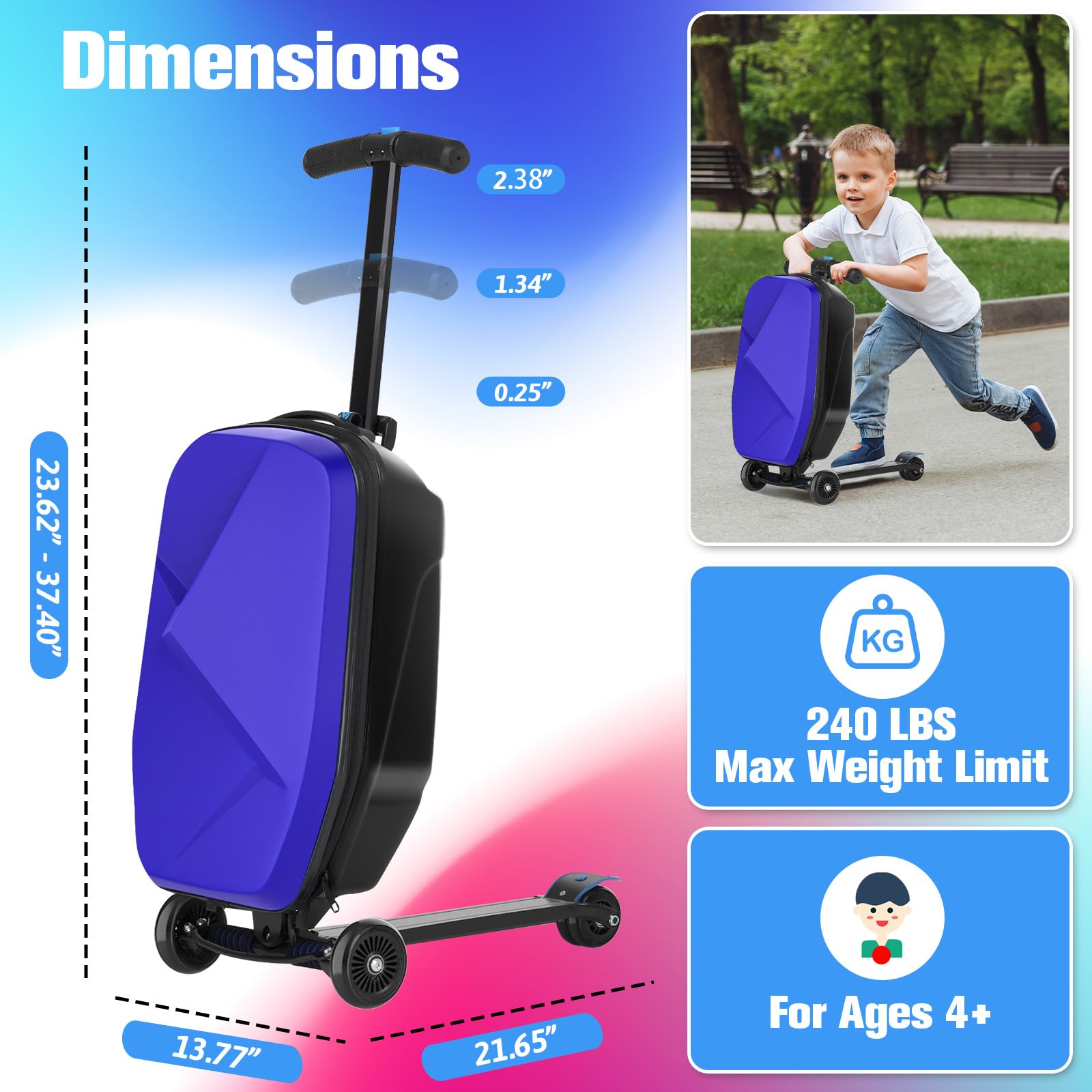 Best Ride-On Scooter Luggage for Kids & Adults - Lightweight Foldable Hardside Suitcase with Wheels for Ages 4-15 - Multifunctional Carry-On for Children & Teenagers (Sapphire Blue) - Perfect for Air Travel, Family Vacations & School Trips