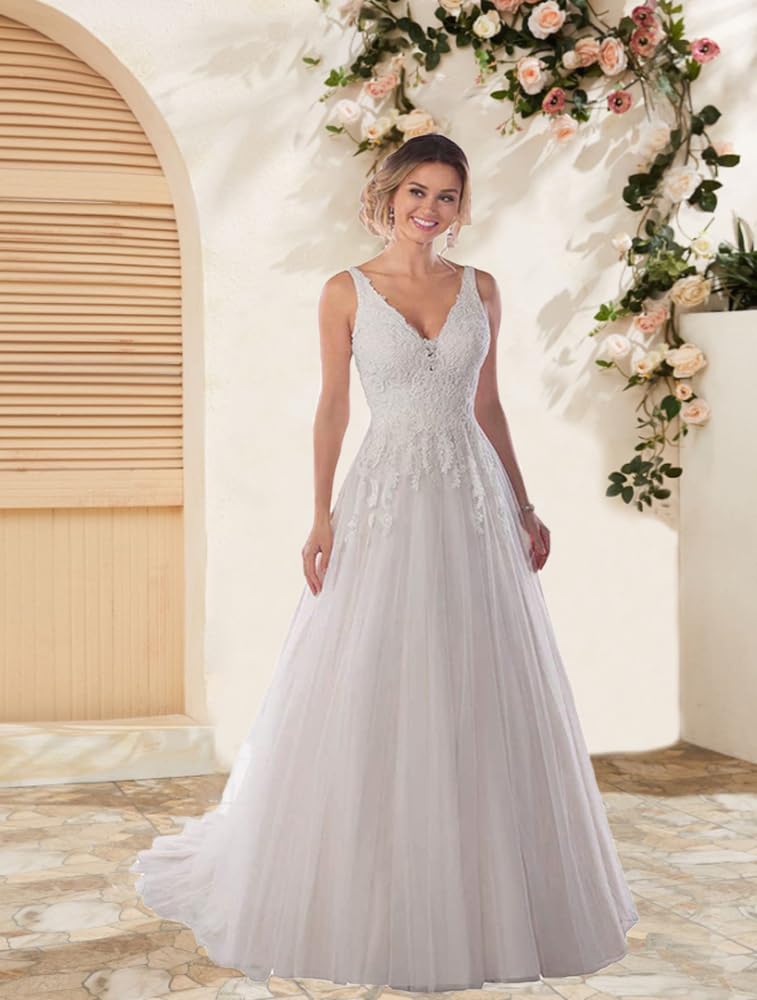 Boho Wedding Dresses for Women - Lace Applique A-Line Beach Bridal Gown with Long Train | Perfect for Beach Weddings, Outdoor Ceremonies & Boho Chic Brides