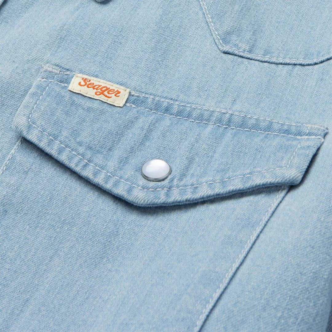 Seager Reagan Pearl Snap Light Wash Indigo Denim Shirt for Men - Casual Western Style for Outdoor & Country Wear