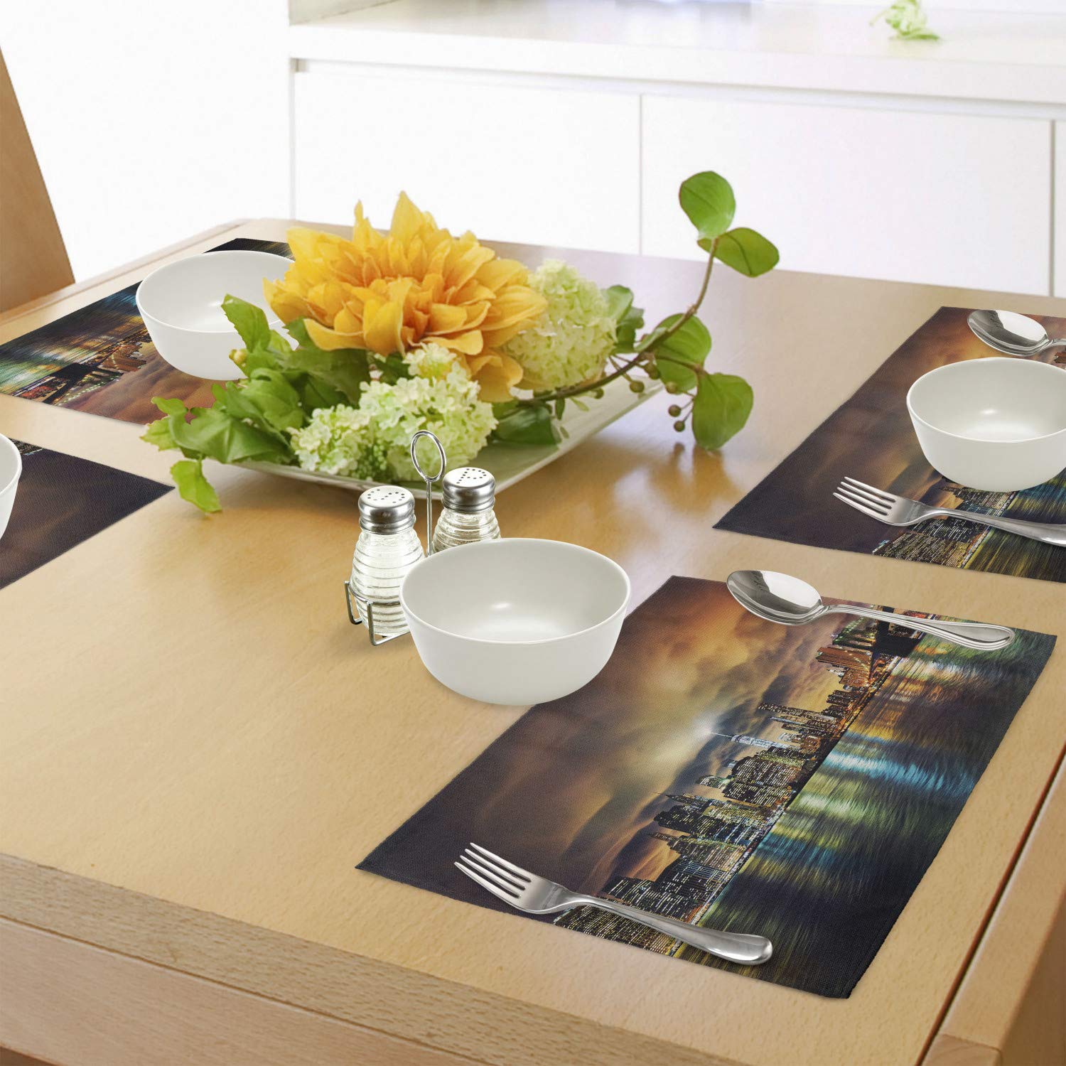 Lunarable NYC Place Mats Set of 4 - Manhattan Sunset Skyline with Dramatic Clouds & Dark Architecture - Washable Fabric Placemats for Dining Room & Kitchen Table Decor in Seal Brown Amber - Perfect for Dinner Parties & Home Decor