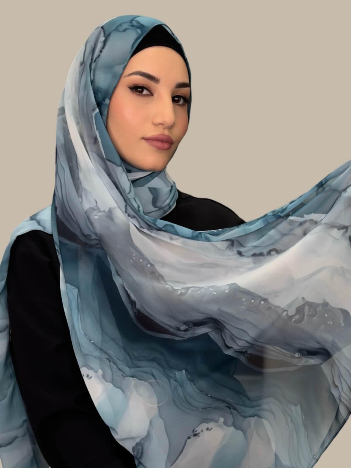 Printed Chiffon Hijab Scarf - Tidal Teal Color - Lightweight & Breathable for Women - Perfect for Daily Wear, Prayer, and Special Occasions
