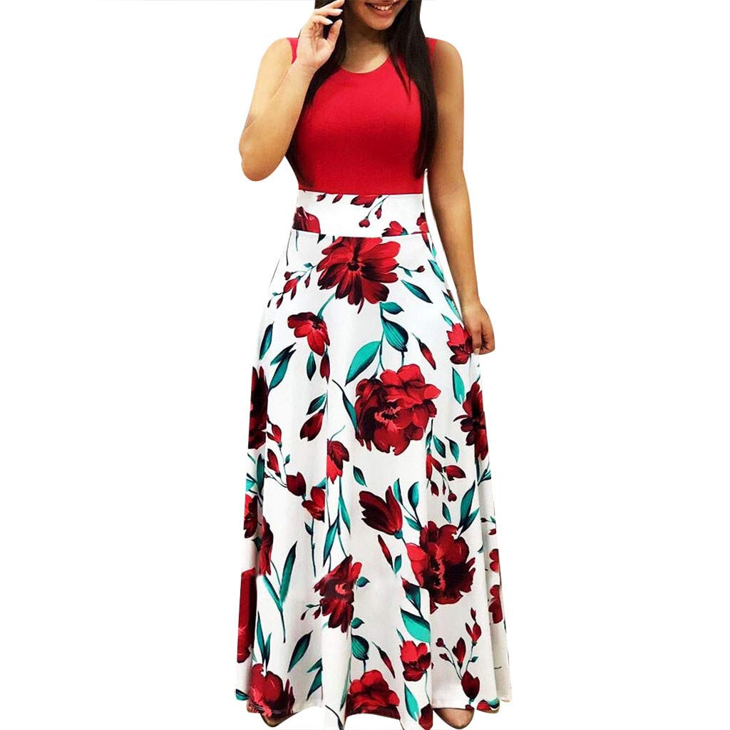 JChen Women's Summer Floral Printed Patchwork Maxi Dress - Sleeveless Casual Swing Sundress for Beach, Vacation & Outdoor Events