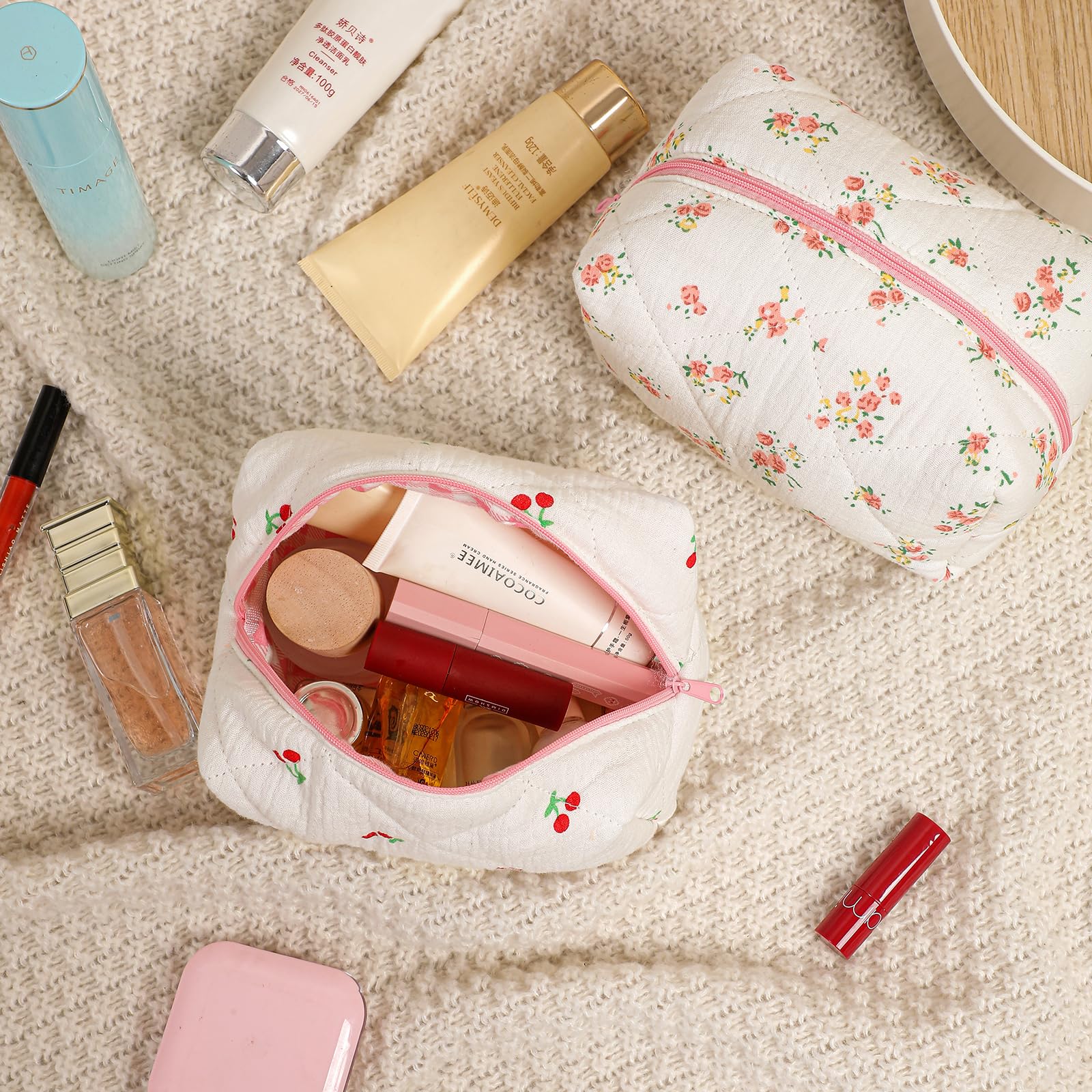 Small Quilted Cotton Makeup Bag | Cute Floral Cosmetic Pouch | Travel Toiletry Organizer for Women & Girls | Kawaii Aesthetic Accessory (Yellow Pink Flower) | Perfect for Travel, Gym, Daily Use & Gift Giving