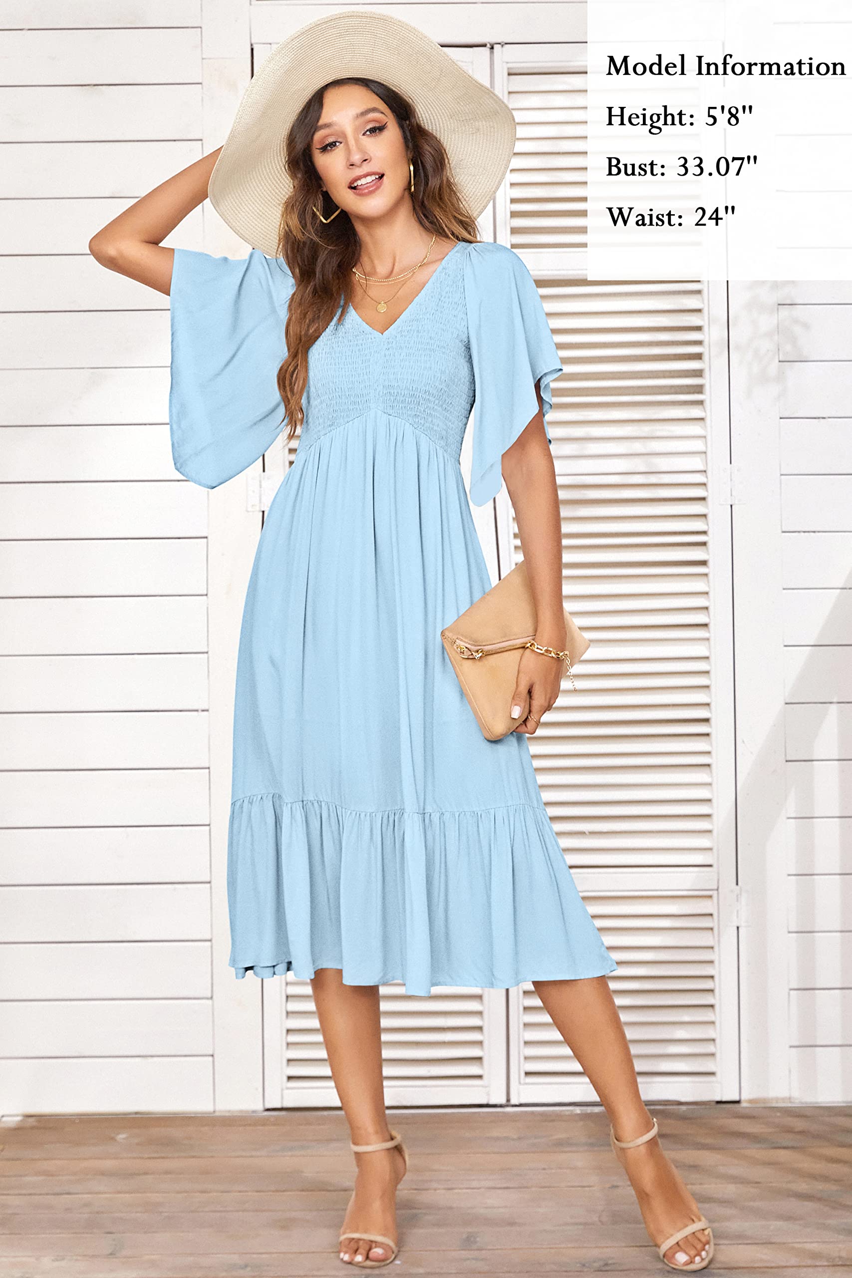 PYGFEMR Women's Summer Floral Print Empire Waist Dress - Smocked Flutter Short Sleeve V-Neck Midi Dress for Beach, Vacation & Casual Outings