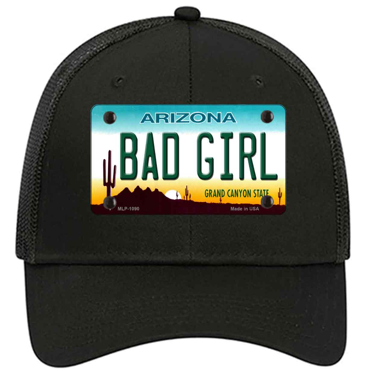 Bad Girl Arizona Novelty Black Mesh License Plate Hat - Stylish Trucker Cap for Women, Perfect for Road Trips, Concerts & Outdoor Adventures