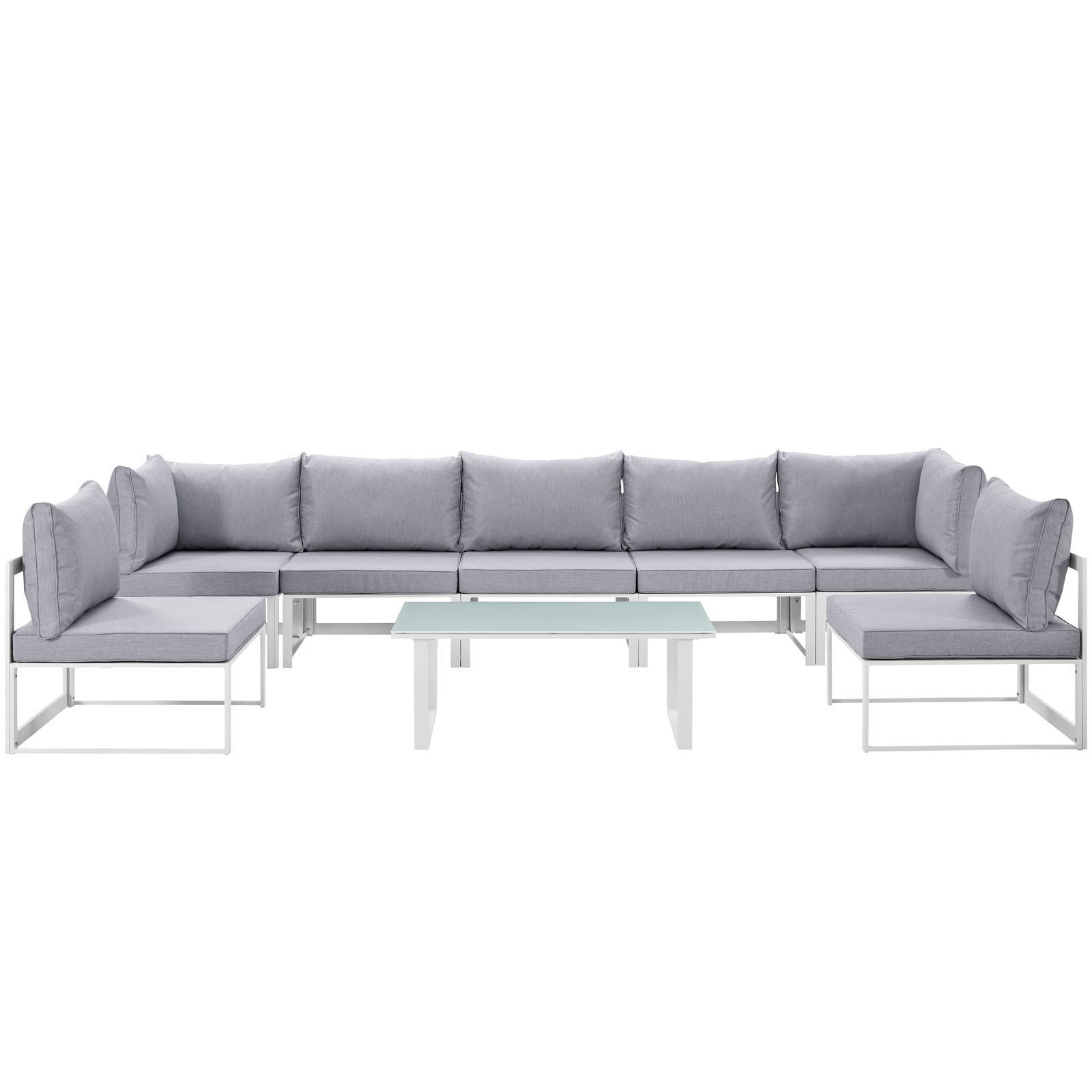 Modern Urban Contemporary 8-Piece Outdoor Patio Sectional Sofa Set - White Grey Fabric with Steel Frame for Backyard, Poolside & Garden Relaxation