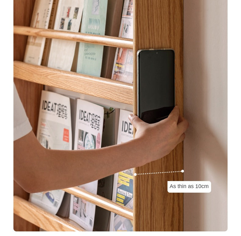 Solid Oak Wood Wall-Mounted Ultra-Thin Bookshelf - Modern Floating Shelf for Living Room, Bedroom, or Office Storage & Display