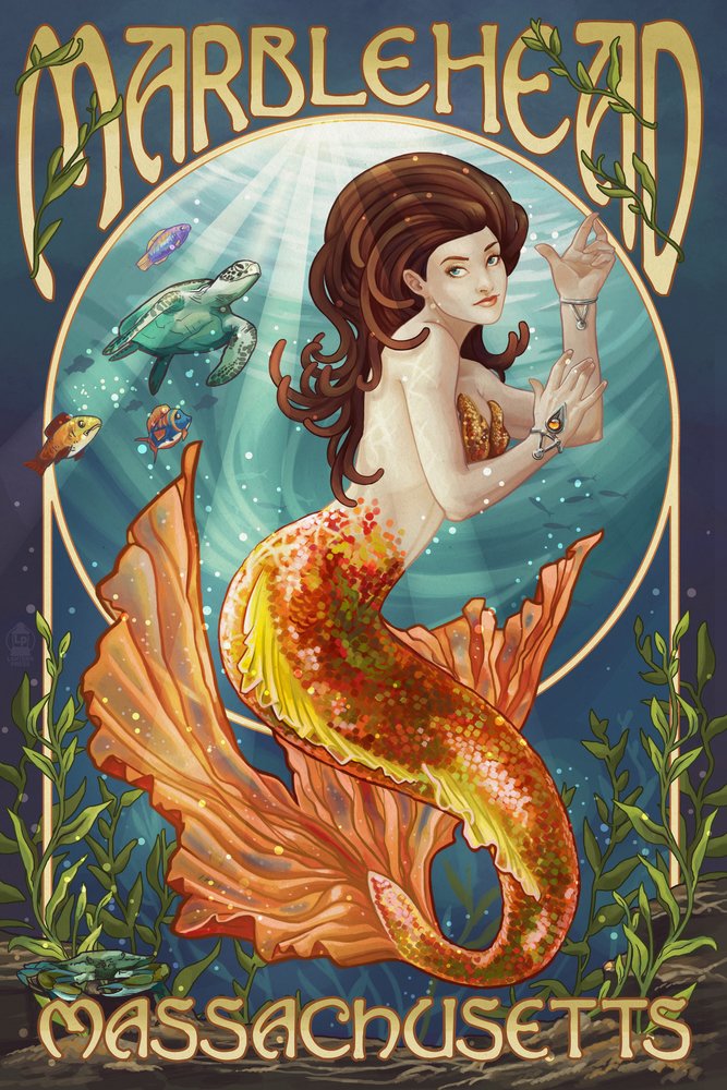 Mermaid Art Print - 16x24 Giclee Gallery Wall Decor with Vivid Textures | Coastal Home Decor, Beach House Wall Art, Nautical Living Room Decor - Marblehead Massachusetts Inspired