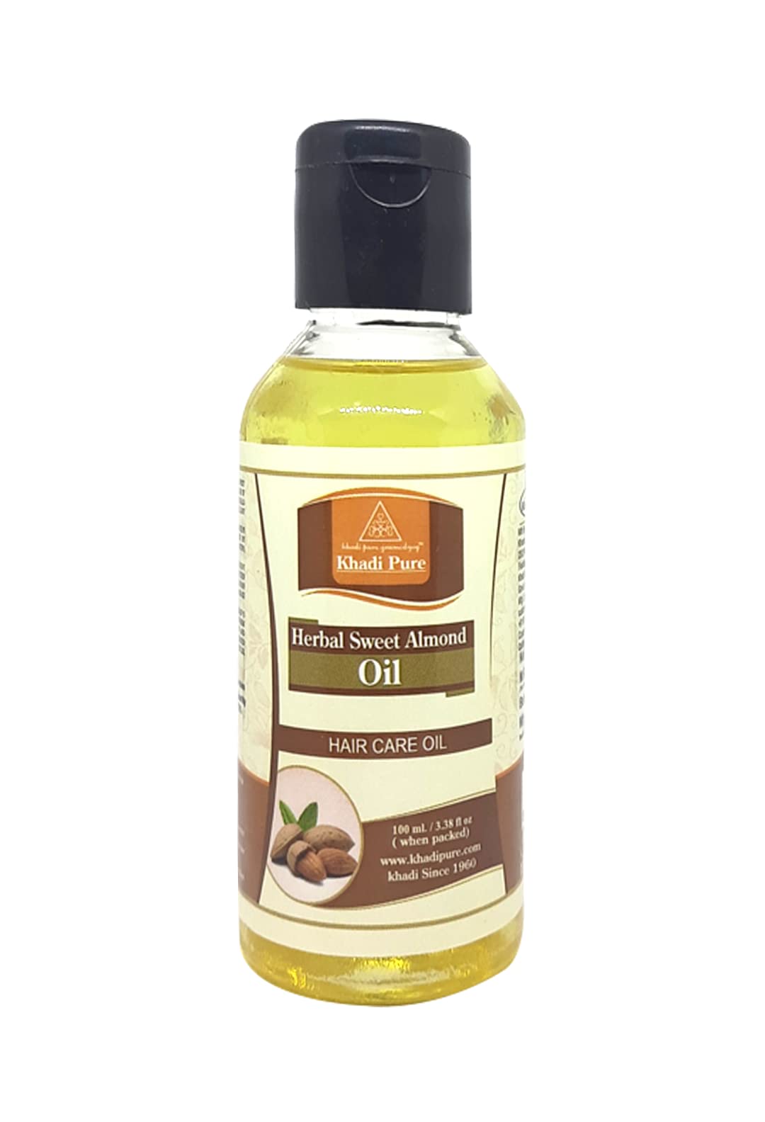Pure Khadi Herbal Sweet Almond Oil - 100ml | Cold Pressed & Organic | For Hair Growth, Skin Moisturizing & Massage | Perfect for DIY Beauty & Aromatherapy