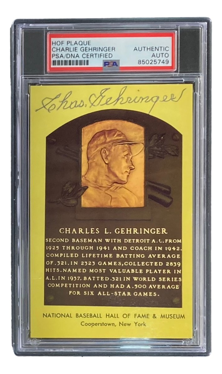 Charlie Gehringer Autographed 4x6 Detroit Tigers Hall of Fame Plaque Card with PSA/DNA Certification #85025749 - Perfect for Baseball Memorabilia Collectors and Tigers Fans Display
