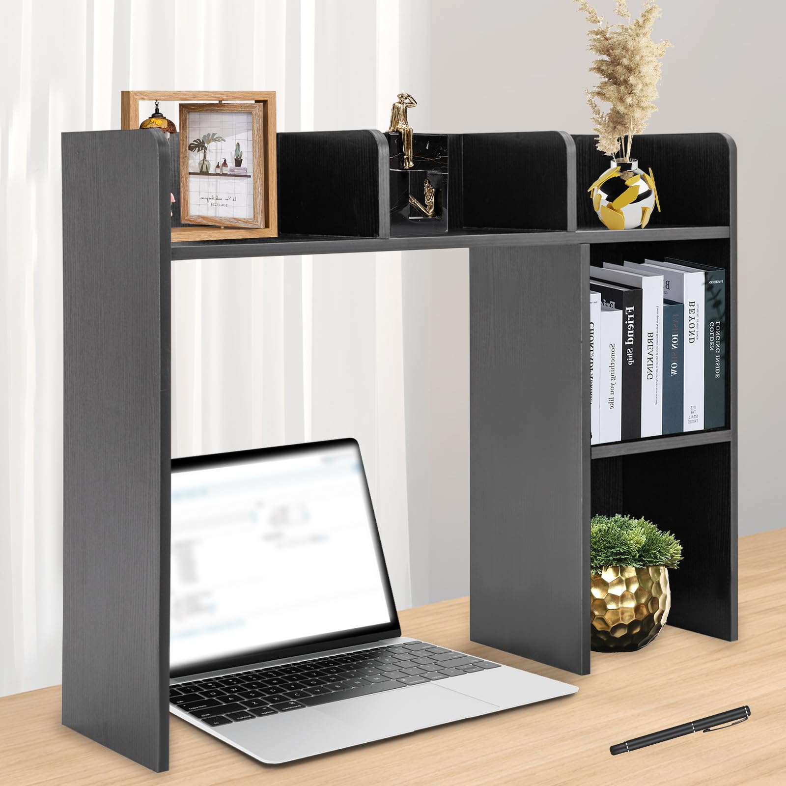 Shikiy 3-Tier Desktop Bookshelf Organizer - Black Wooden Bookcase & Desk Storage Divider for Office, Study, Home - Perfect for Organizing Books, Files, and Office Supplies