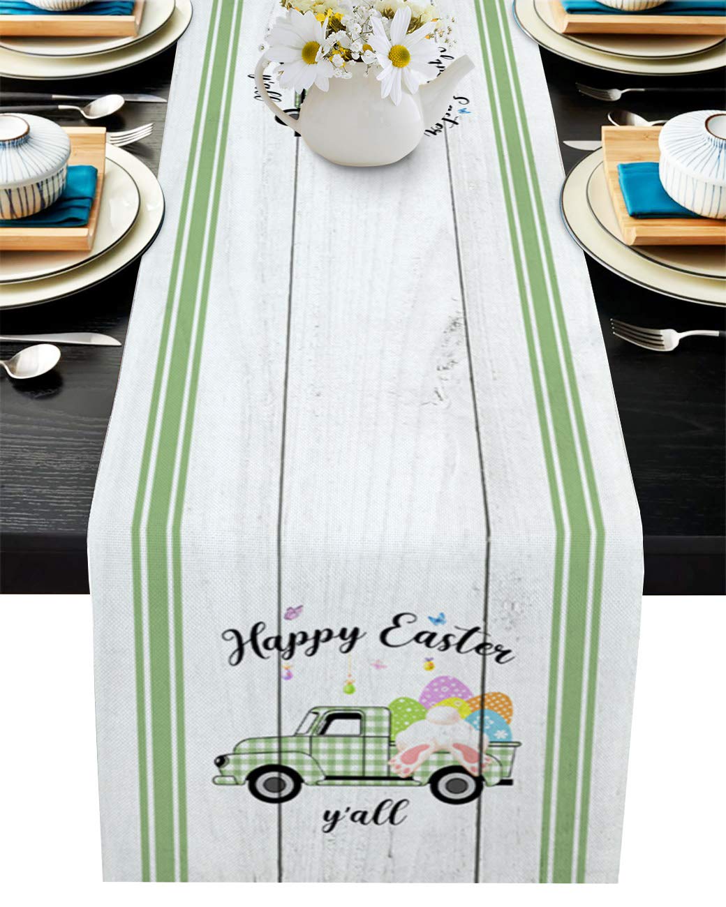 Easter Table Runner - Cotton Linen Non-Slip Tablecloth with Bunny Tail & Easter Eggs Design, 13x120 Inch - Perfect for Spring Holiday Dining Decor, Easter Party Table Setting, and Home Celebration