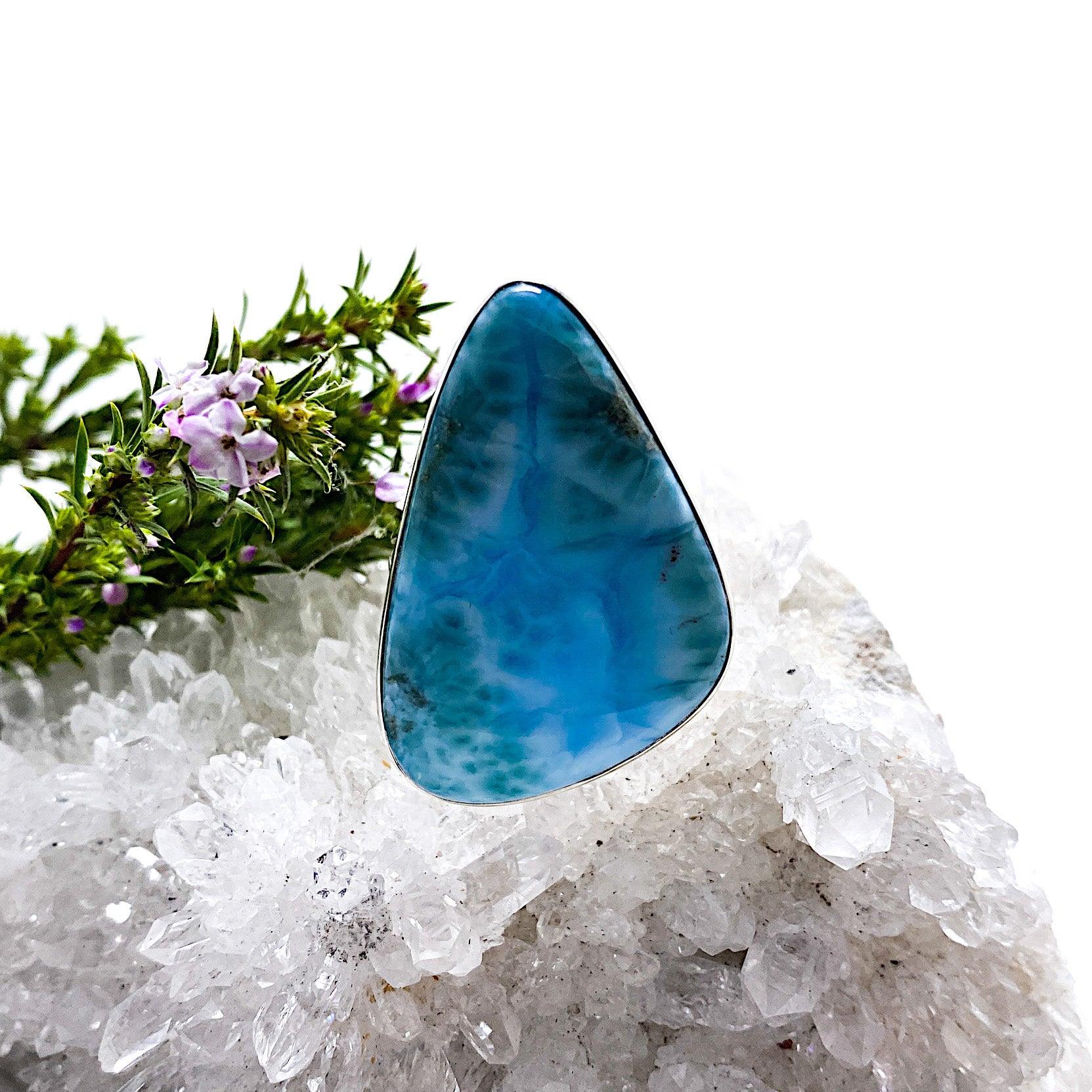 Larimar Freeform Cabochon Ring with Split Band - Size 10 (KRGJ1399) | Handmade Jewelry for Women, Boho Chic Accessory, Perfect for Beach Weddings & Everyday Wear