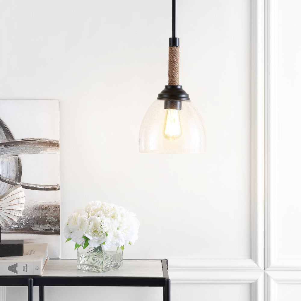 Adjustable Rope Wrap Modern Rustic Iron/Glass LED Pendant Light - 7.63 Inch Hanging Fixture for Kitchen Island, Dining Room & Farmhouse Decor | Dimmable Edison Bulb Included