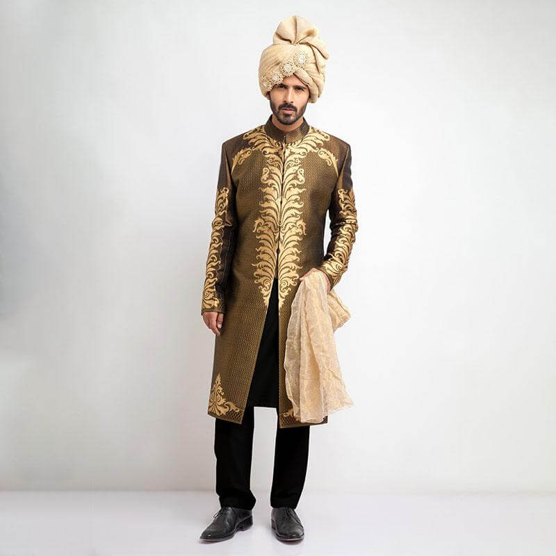 Antique Gold and Black Brocade Sherwani for Men | Elegant Indian Wedding Outfit | Traditional Ethnic Groom Attire for Ceremonies & Festivals