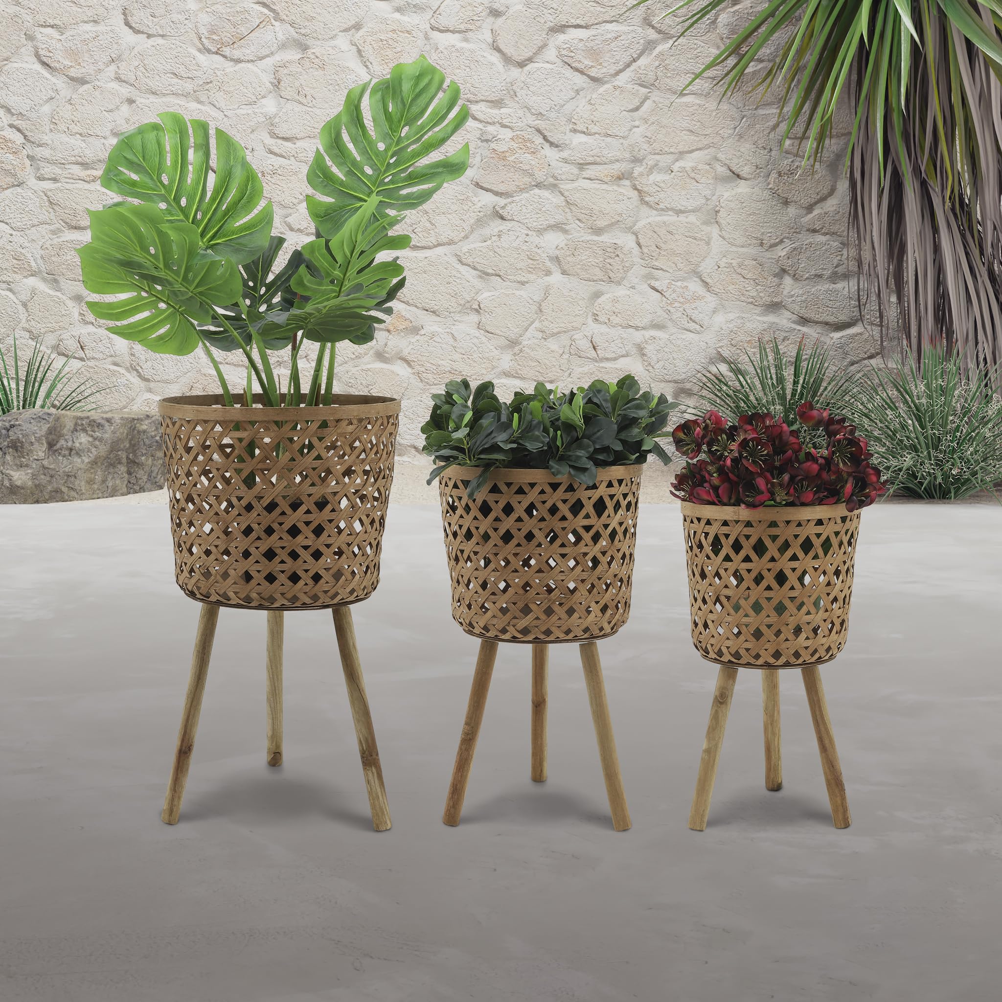 Set of 3 Natural Bamboo Standing Planter Pots for Indoor & Outdoor Use - 15x15x26 Inches - Perfect for Home Decor, Garden, Patio, and Office Plants