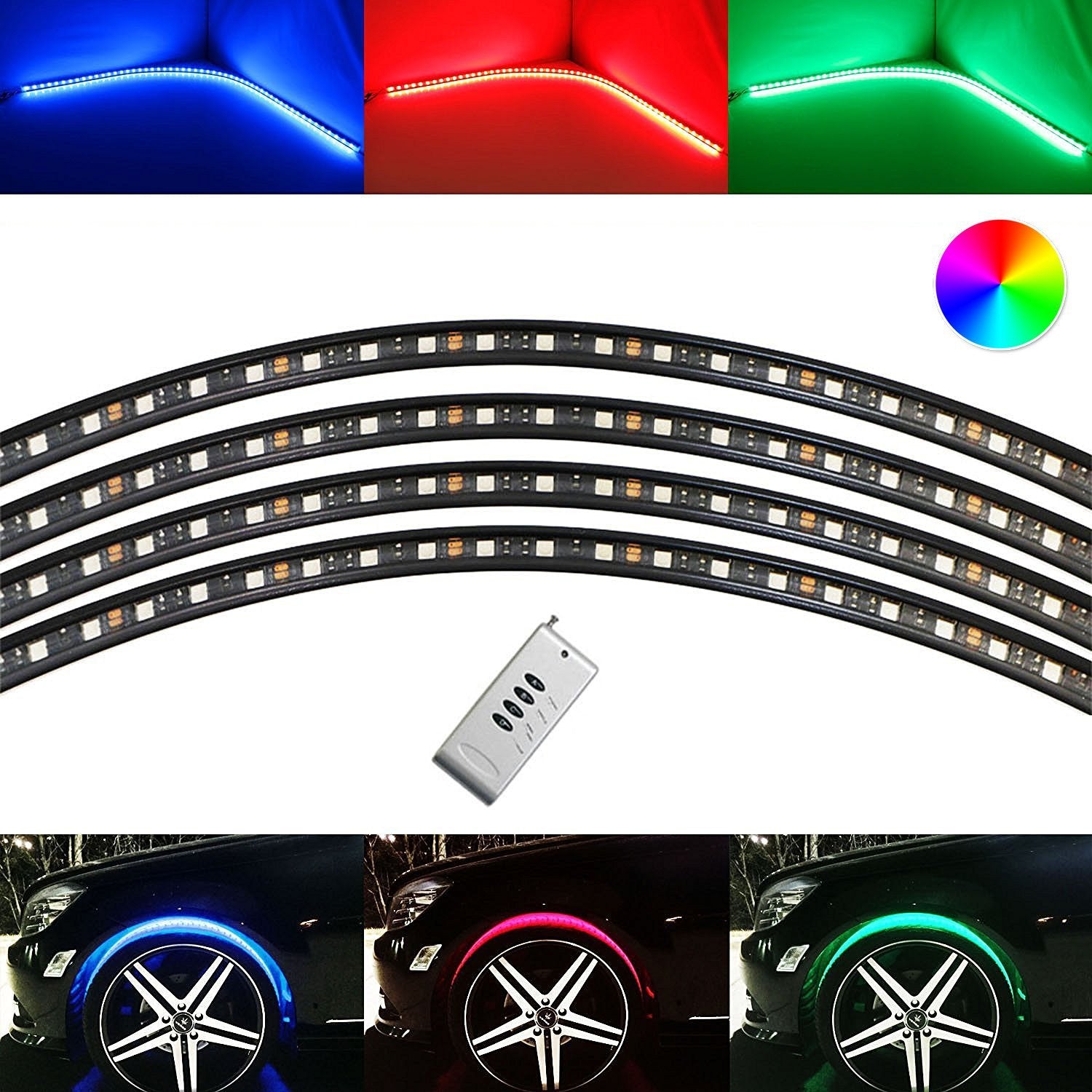 4-Piece Multi-Color RGB LED Wheel Well Lighting Kit with Remote Control - Flexible Accent Lights for Cars, Trucks & Motorcycles (Daytime & Nighttime Use)