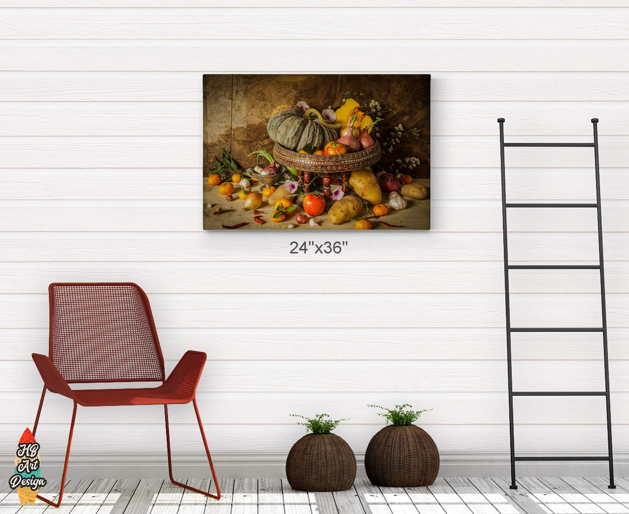 HB Art Design Still Life Fruits and Vegetables Canvas Print - Rustic Kitchen Wall Decor, Housewarming Gift for Restaurant, Cafe & Farmhouse Dining Room - Modern Home Decor Wall Art (30x40) - Perfect for Farmhouse, Country Kitchen & Dining Room Wall Decoration