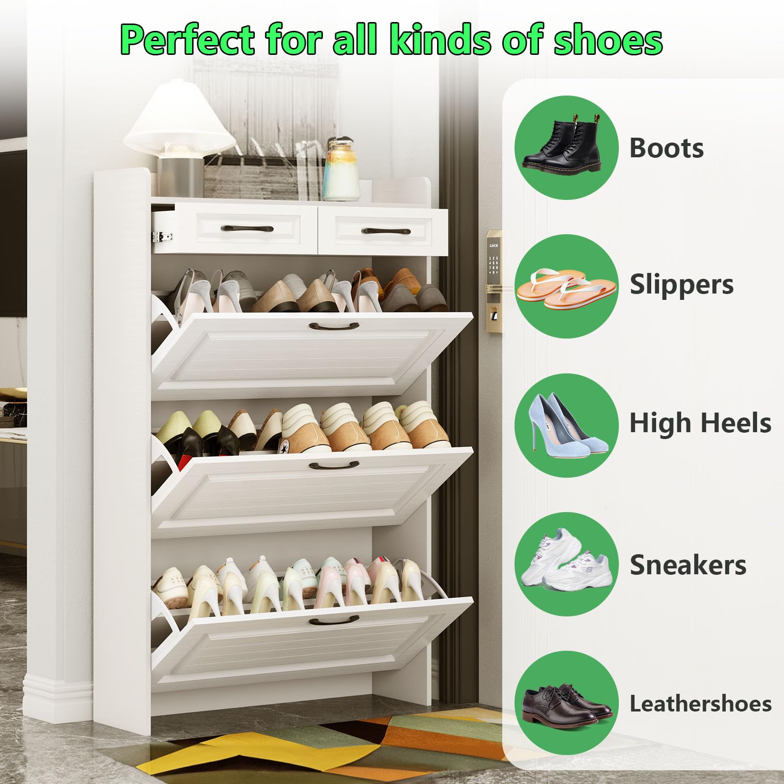 White Shoe Cabinet with 3 Flip Drawers - Freestanding Shoe Organizer with Metal Bracket for Entryway, Narrow Shoe Rack for Hallway & Living Room - Perfect for Small Spaces & Apartment Organization